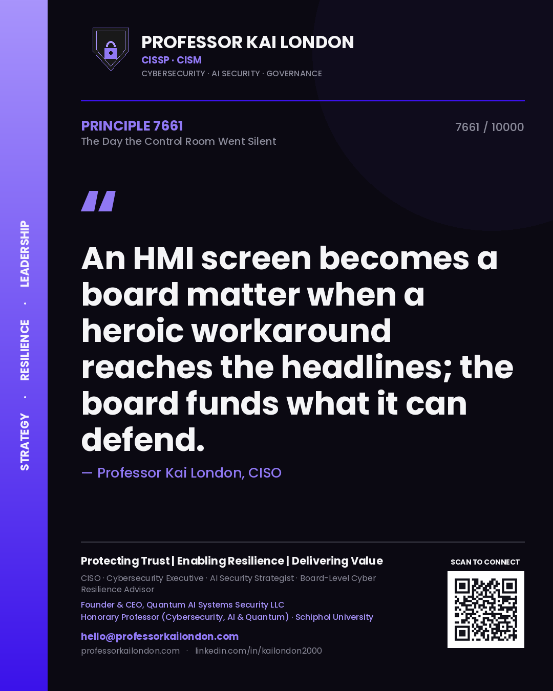 Professor Kai London principle 7661: An HMI screen becomes a board matter when a heroic workaround reaches the headlines; the board funds what it can defend.