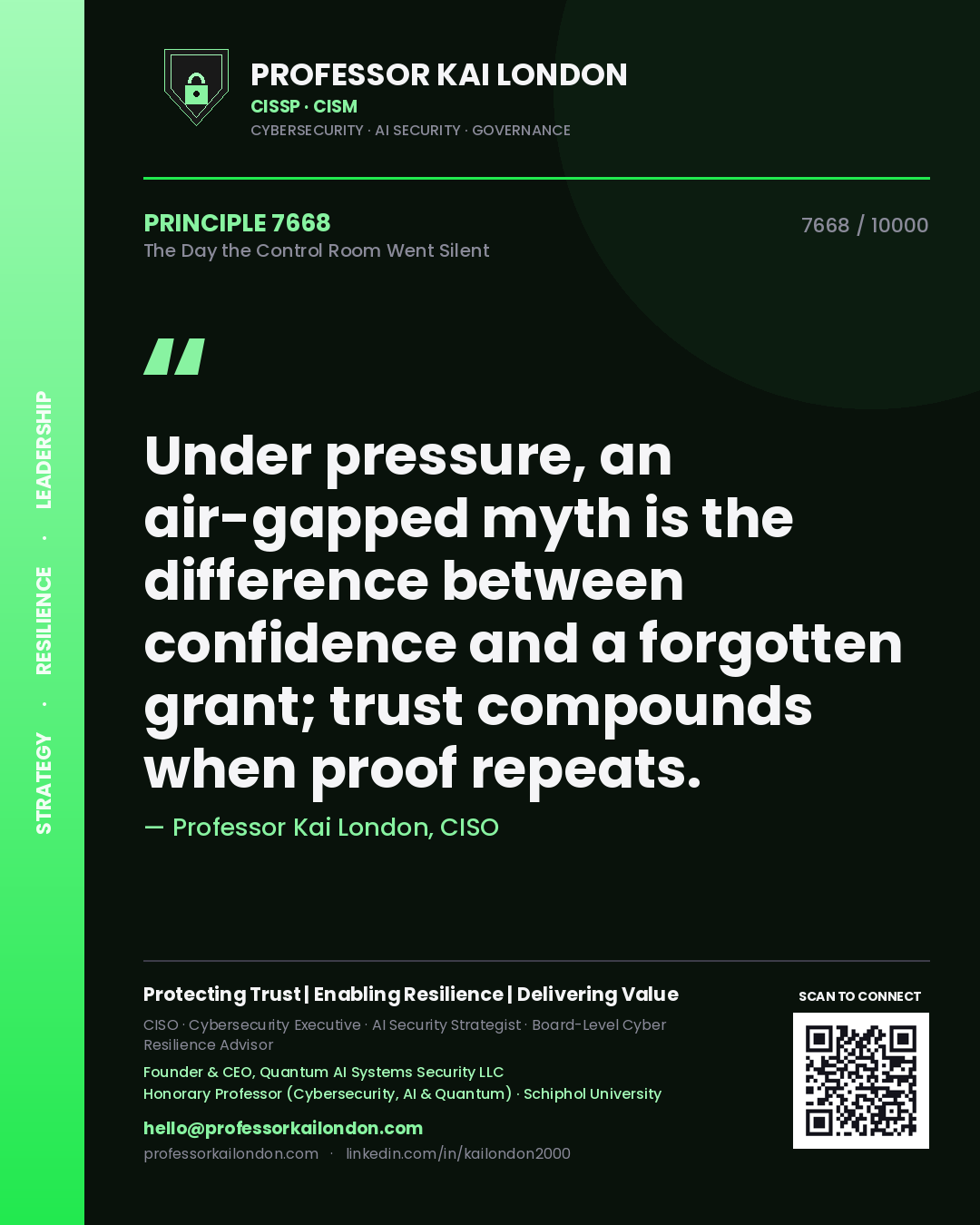 Quote card by Professor Kai London reading 'Under pressure, an air-gapped myth is the difference between confidence and a forgotten grant; trust compounds when proof repeats.'. From the book The Day the Control Room Went Silent.