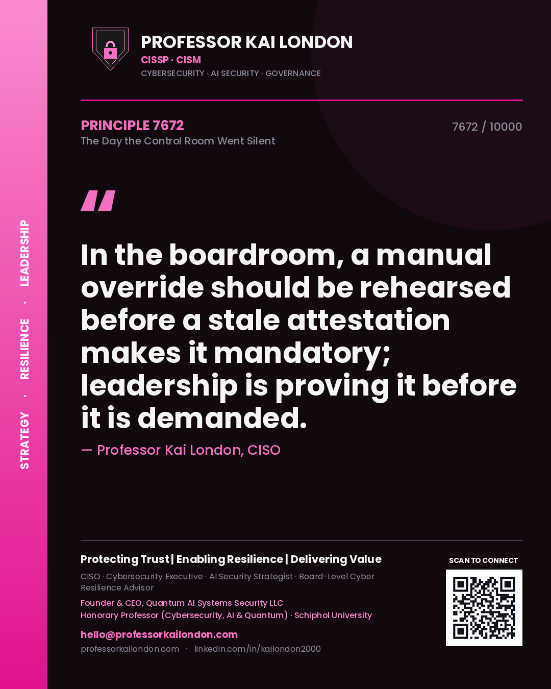 Professor Kai London principle 7672: In the boardroom, a manual override should be rehearsed before a stale attestation makes it mandatory; leadership is proving it before it is demanded.