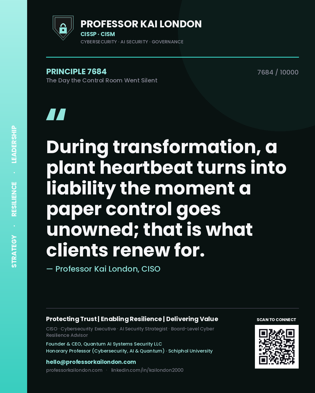 Professor Kai London principle 7684: During transformation, a plant heartbeat turns into liability the moment a paper control goes unowned; that is what clients renew for.