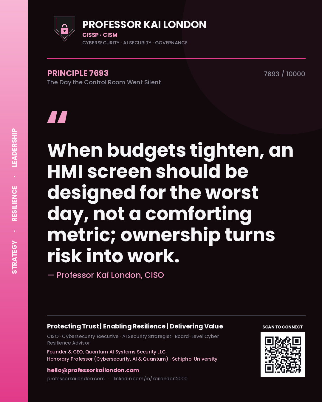 Quote card by Professor Kai London reading 'When budgets tighten, an HMI screen should be designed for the worst day, not a comforting metric; ownership turns risk into work.'. From the book The Day the Control Room Went Silent.