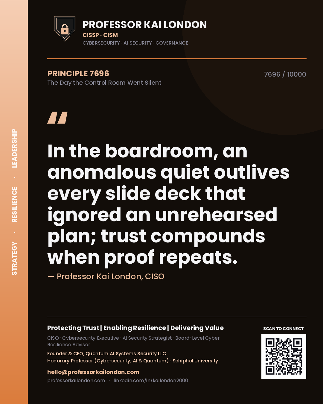 Quote card by Professor Kai London reading 'In the boardroom, an anomalous quiet outlives every slide deck that ignored an unrehearsed plan; trust compounds when proof repeats.'. From the book The Day the Control Room Went Silent.