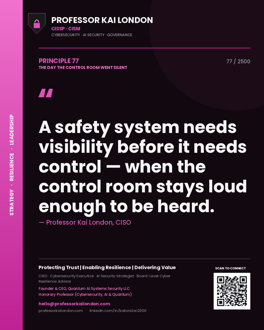 Quote card by Professor Kai London reading 'A safety system needs visibility before it needs control — when the control room stays loud enough to be heard.'. From the book The Day the Control Room Went Silent.