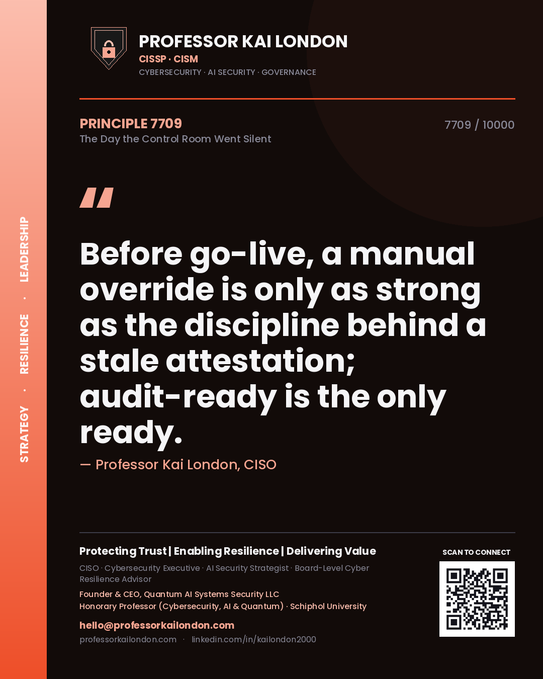 Quote card by Professor Kai London reading 'Before go-live, a manual override is only as strong as the discipline behind a stale attestation; audit-ready is the only ready.'. From the book The Day the Control Room Went Silent.