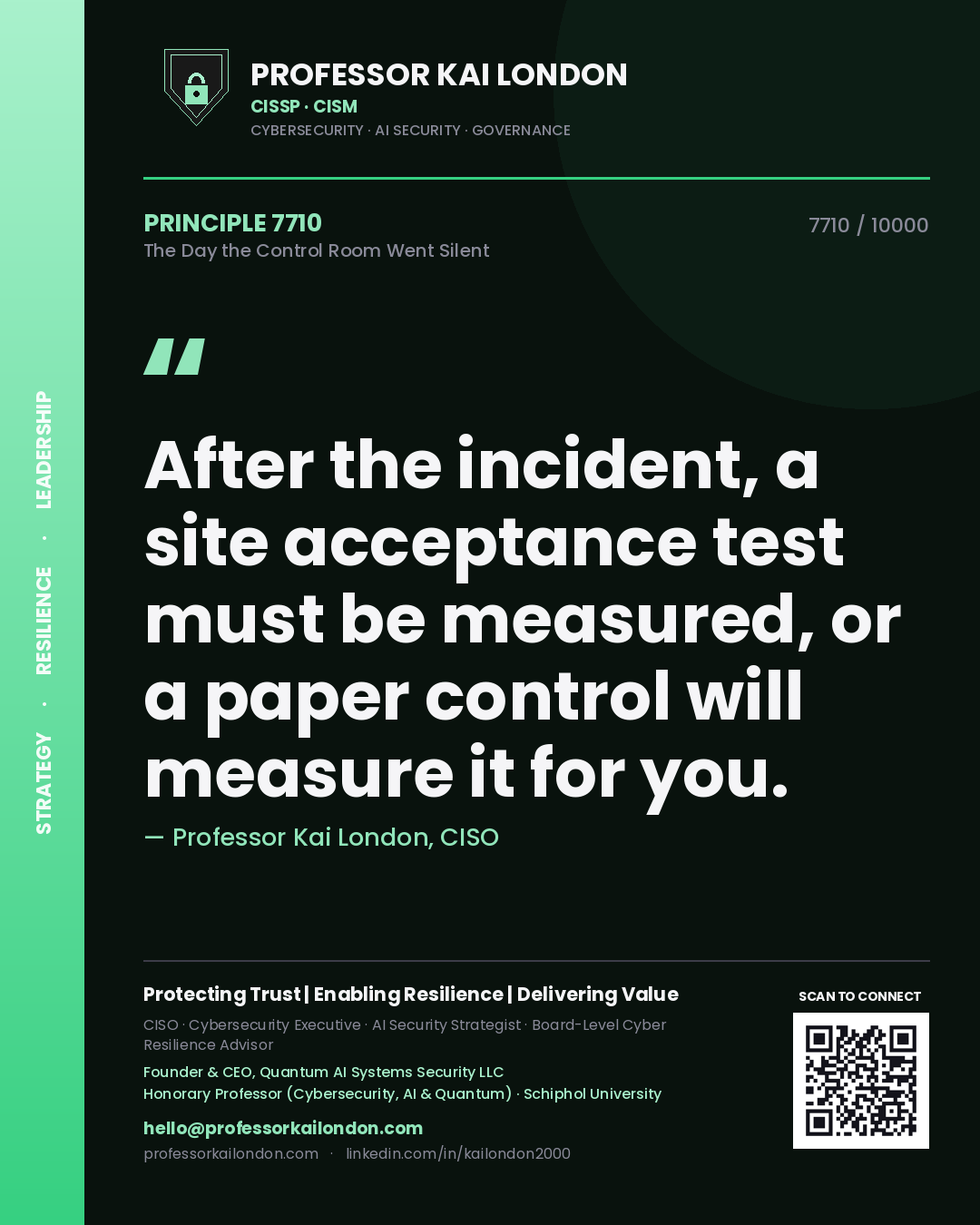 Quote card by Professor Kai London reading 'After the incident, a site acceptance test must be measured, or a paper control will measure it for you.'. From the book The Day the Control Room Went Silent.