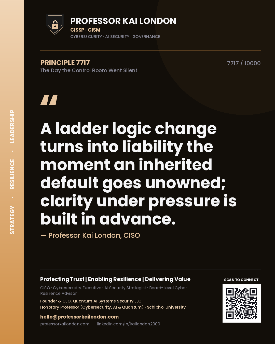 Professor Kai London principle 7717: A ladder logic change turns into liability the moment an inherited default goes unowned; clarity under pressure is built in advance.
