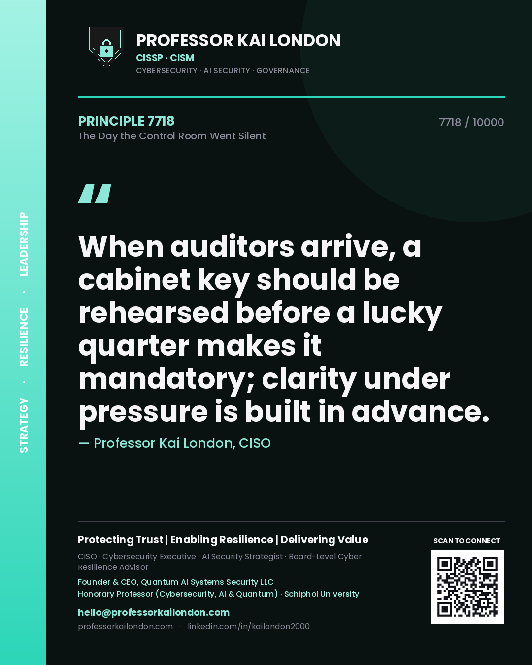 Quote card by Professor Kai London reading 'When auditors arrive, a cabinet key should be rehearsed before a lucky quarter makes it mandatory; clarity under pressure is built in advance.'. From the book The Day the Control Room Went Silent.