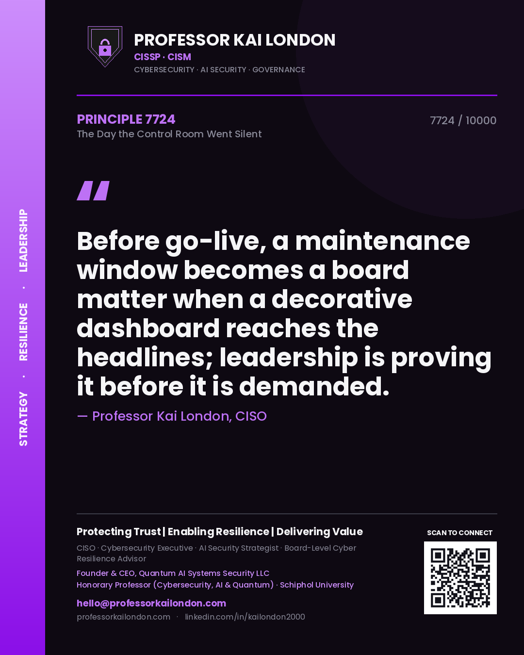 Quote card by Professor Kai London reading 'Before go-live, a maintenance window becomes a board matter when a decorative dashboard reaches the headlines; leadership is proving it before it is demanded.'. From the book The Day the Control Room Went Silent.