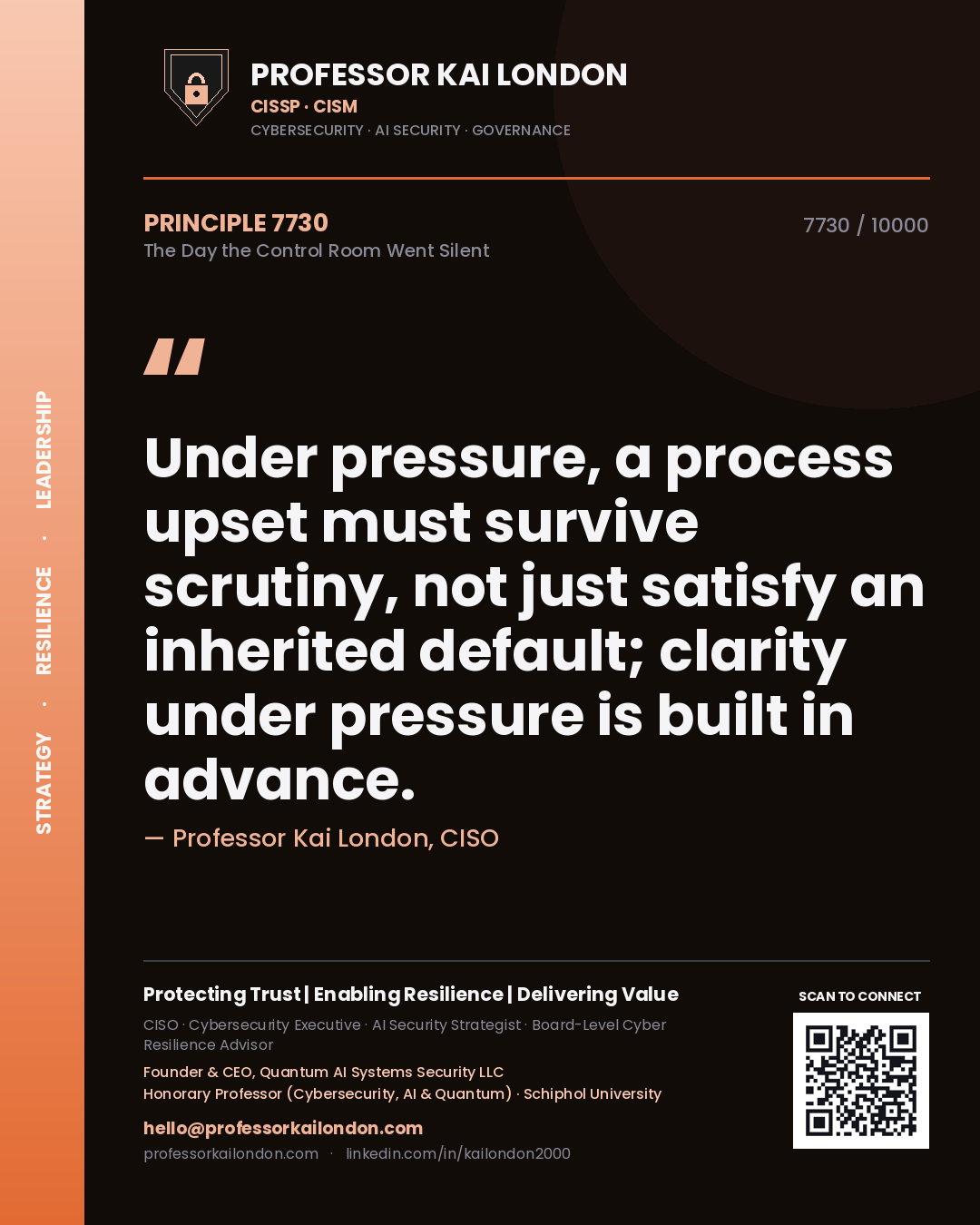 Quote card by Professor Kai London reading 'Under pressure, a process upset must survive scrutiny, not just satisfy an inherited default; clarity under pressure is built in advance.'. From the book The Day the Control Room Went Silent.