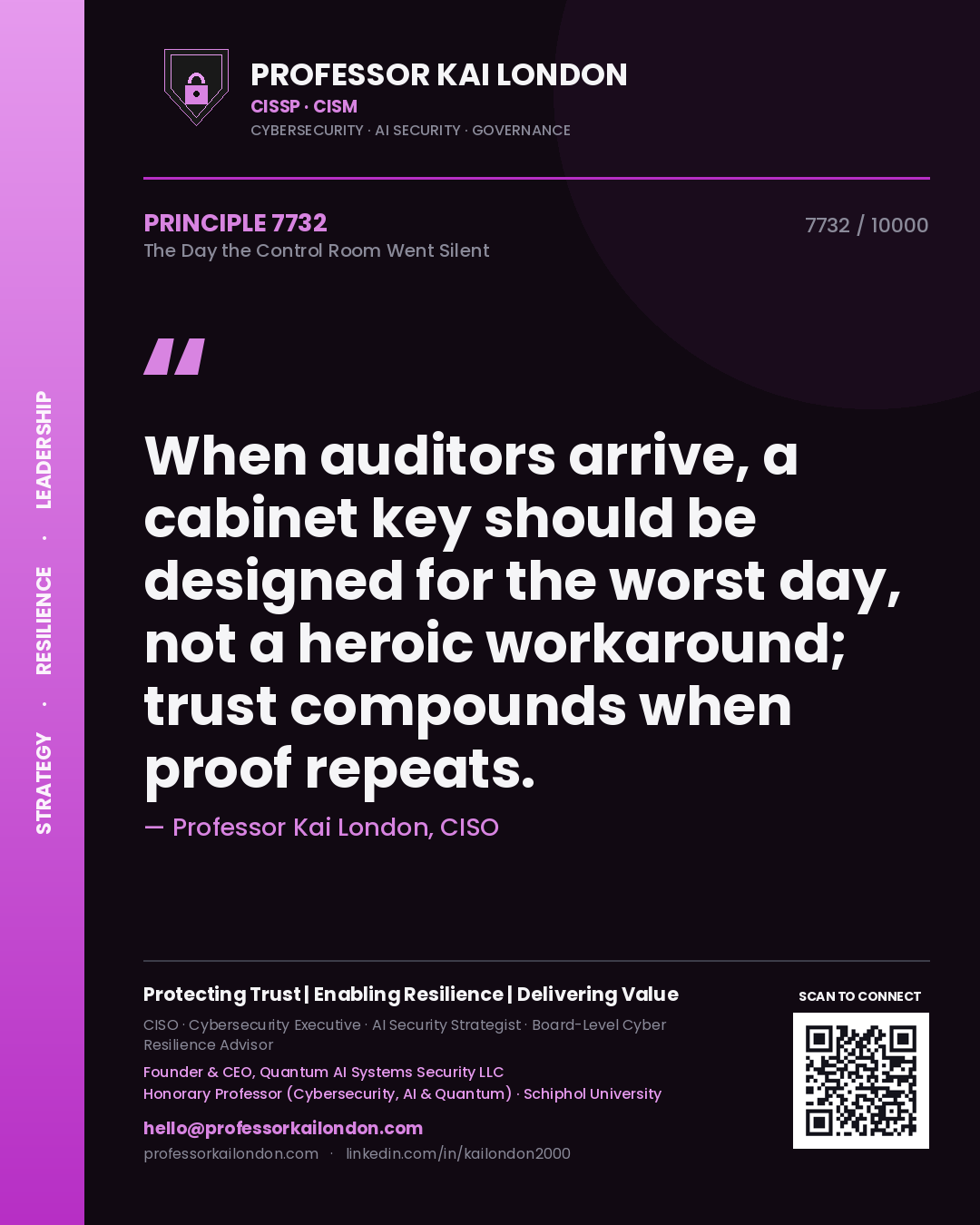 Quote card by Professor Kai London reading 'When auditors arrive, a cabinet key should be designed for the worst day, not a heroic workaround; trust compounds when proof repeats.'. From the book The Day the Control Room Went Silent.