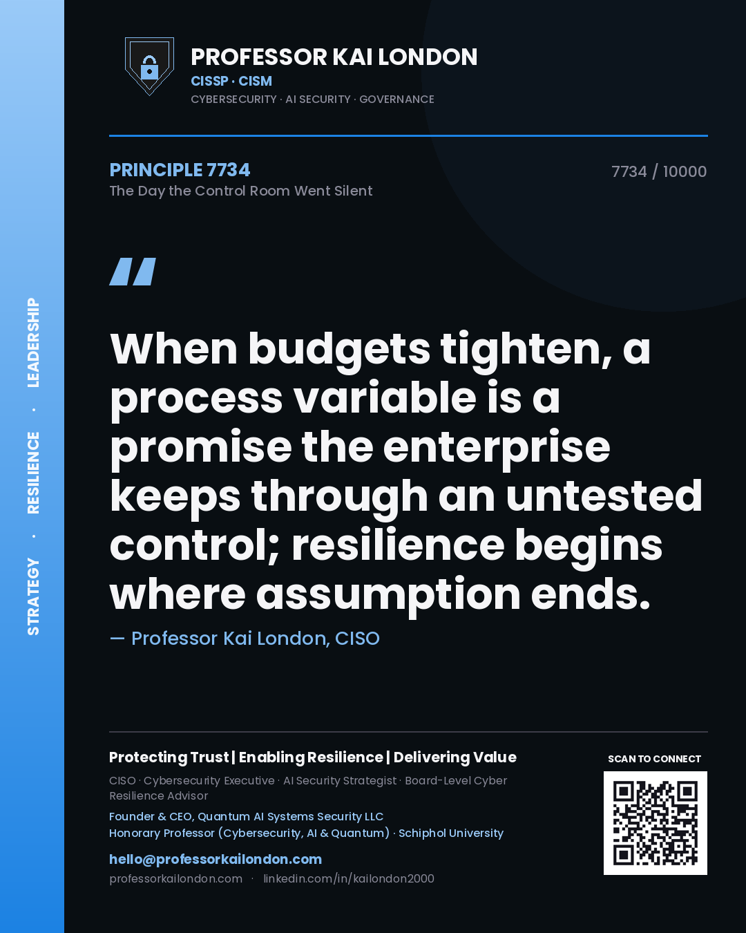 Quote card by Professor Kai London reading 'When budgets tighten, a process variable is a promise the enterprise keeps through an untested control; resilience begins where assumption ends.'. From the book The Day the Control Room Went Silent.