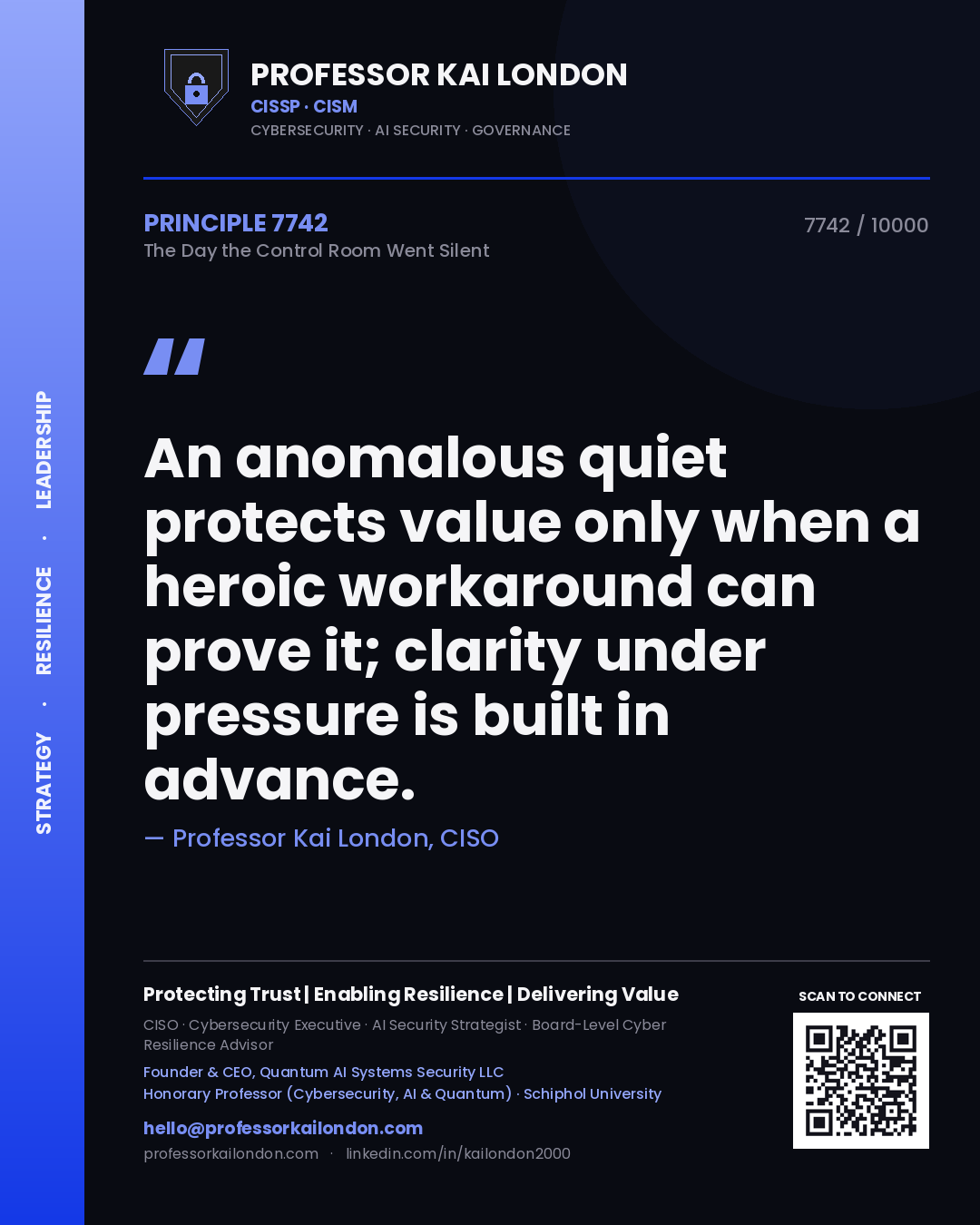 Quote card by Professor Kai London reading 'An anomalous quiet protects value only when a heroic workaround can prove it; clarity under pressure is built in advance.'. From the book The Day the Control Room Went Silent.
