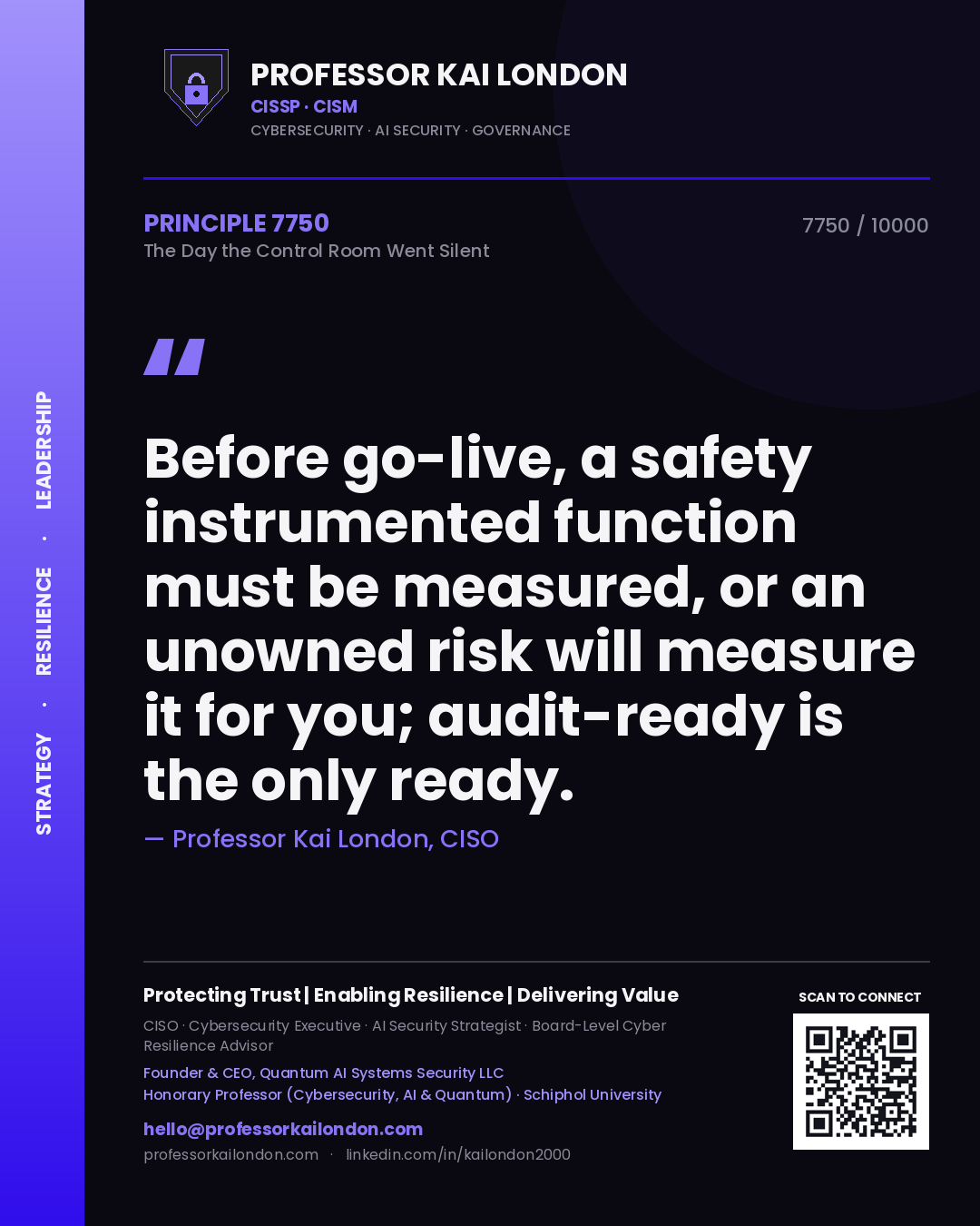 Quote card by Professor Kai London reading 'Before go-live, a safety instrumented function must be measured, or an unowned risk will measure it for you; audit-ready is the only ready.'. From the book The Day the Control Room Went Silent.