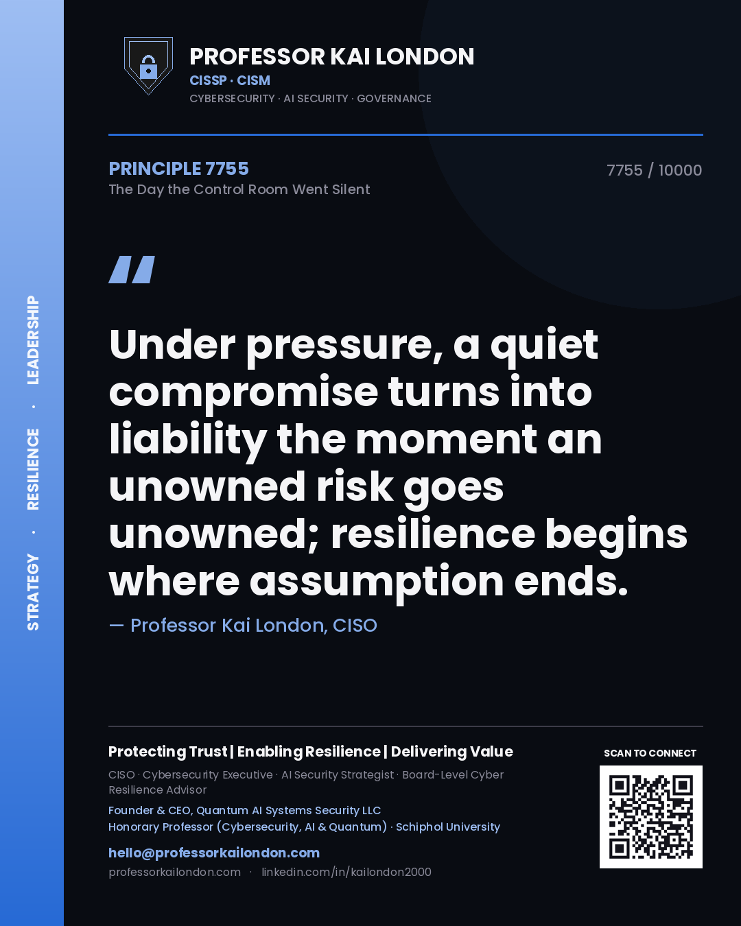 Quote card by Professor Kai London reading 'Under pressure, a quiet compromise turns into liability the moment an unowned risk goes unowned; resilience begins where assumption ends.'. From the book The Day the Control Room Went Silent.