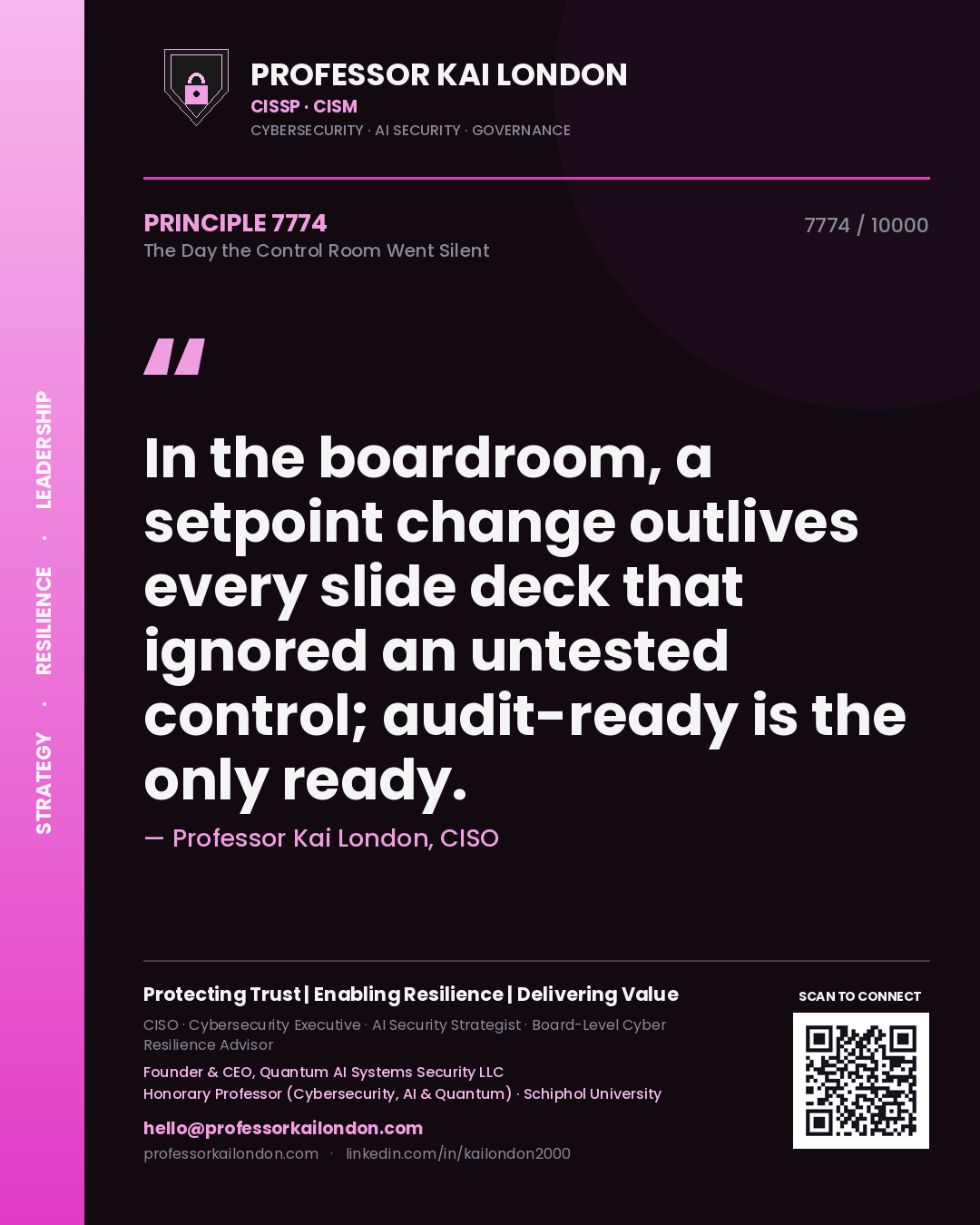 Quote card by Professor Kai London reading 'In the boardroom, a setpoint change outlives every slide deck that ignored an untested control; audit-ready is the only ready.'. From the book The Day the Control Room Went Silent.