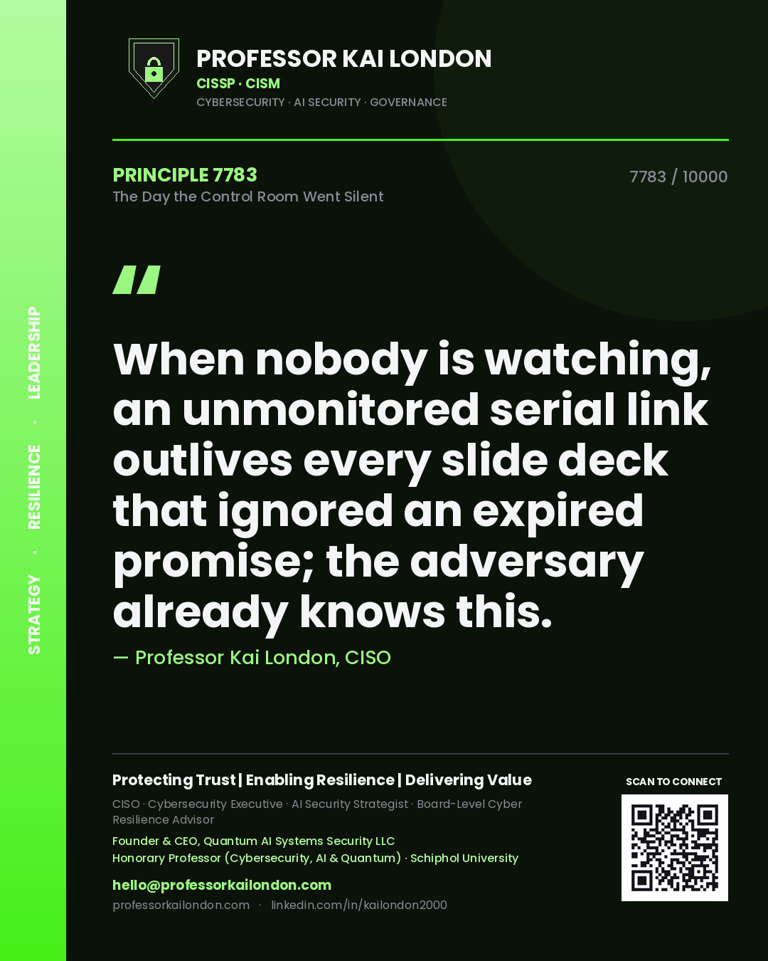 Quote card by Professor Kai London reading 'When nobody is watching, an unmonitored serial link outlives every slide deck that ignored an expired promise; the adversary already knows this.'. From the book The Day the Control Room Went Silent.