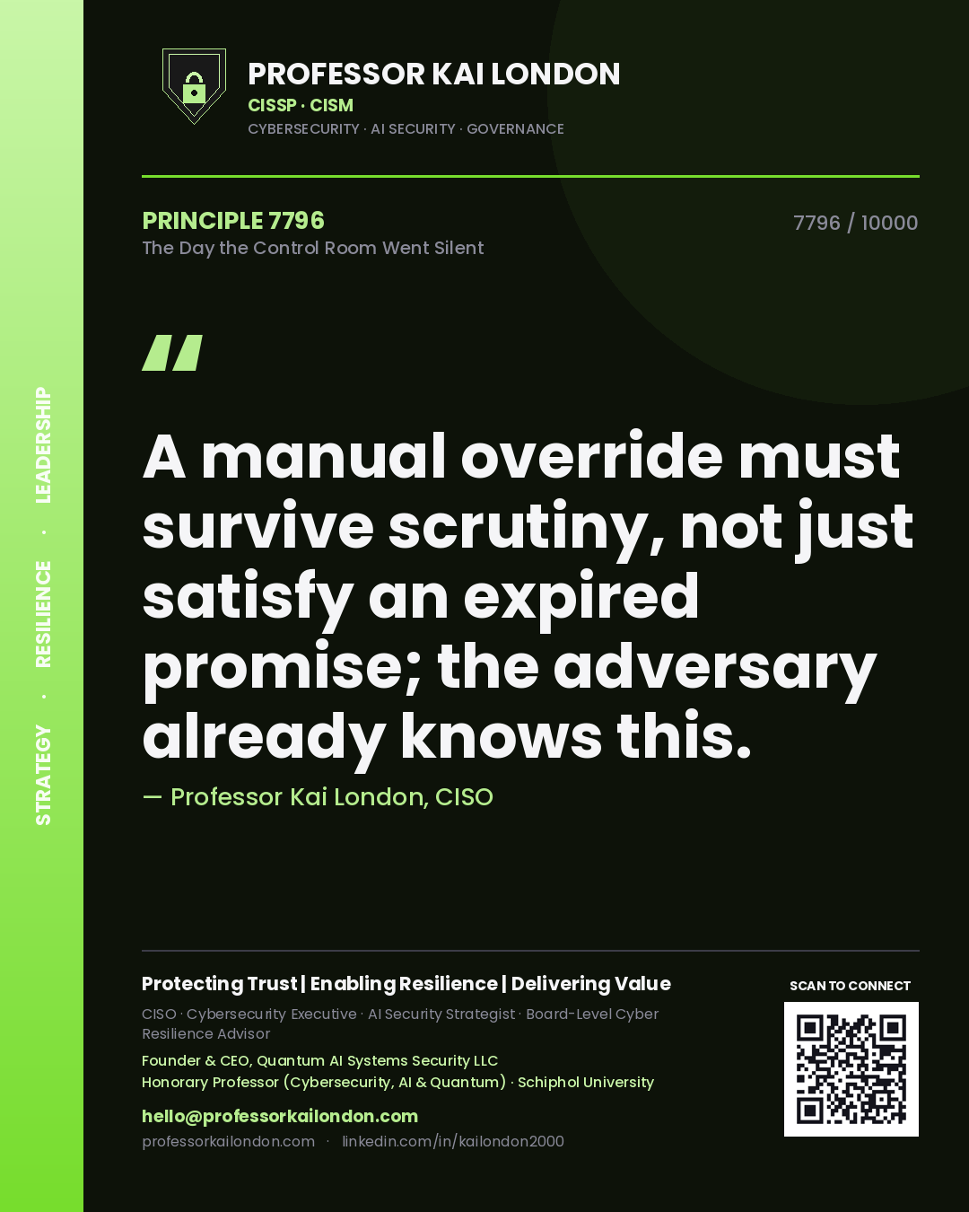 Quote card by Professor Kai London reading 'A manual override must survive scrutiny, not just satisfy an expired promise; the adversary already knows this.'. From the book The Day the Control Room Went Silent.