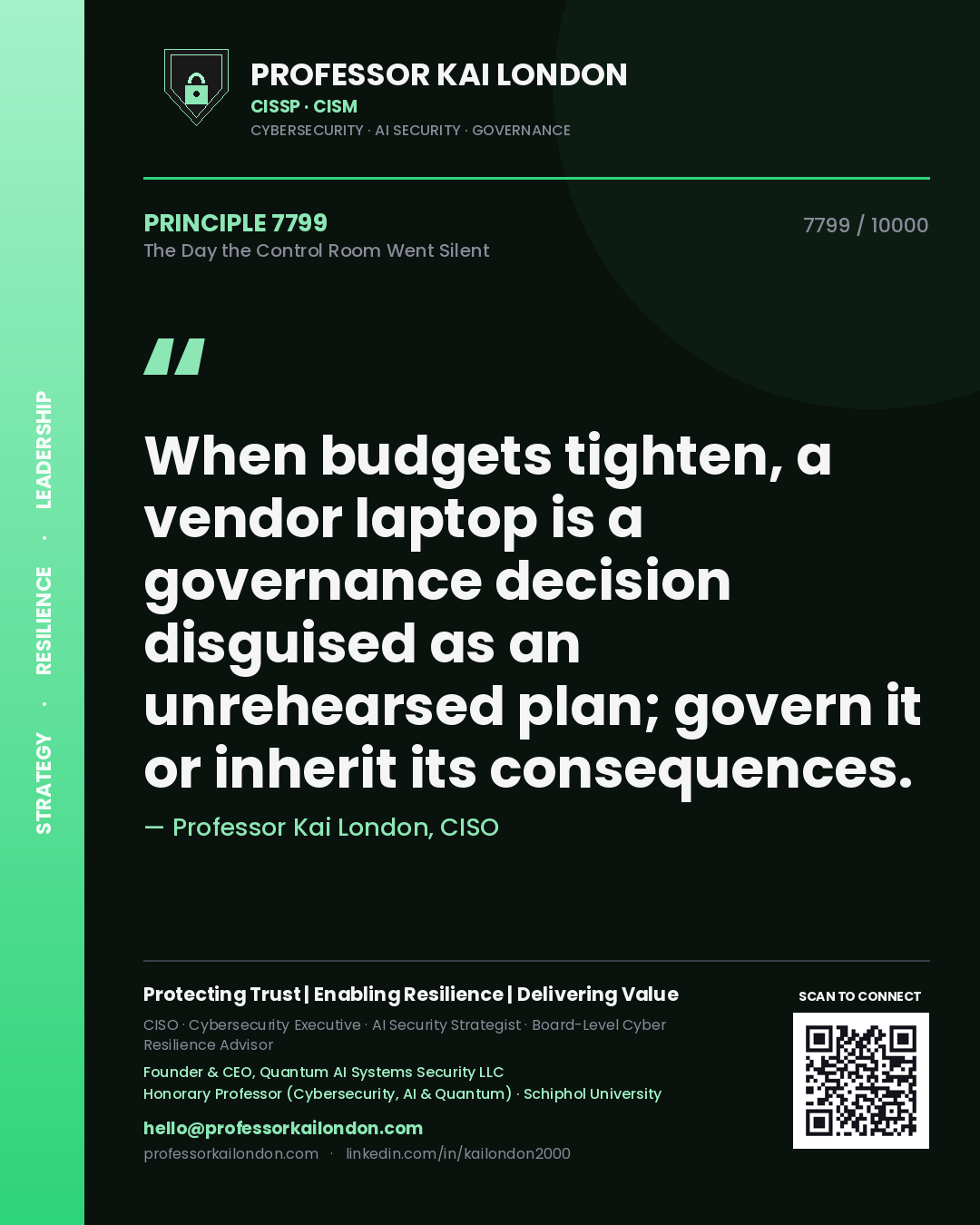 Quote card by Professor Kai London reading 'When budgets tighten, a vendor laptop is a governance decision disguised as an unrehearsed plan; govern it or inherit its consequences.'. From the book The Day the Control Room Went Silent.