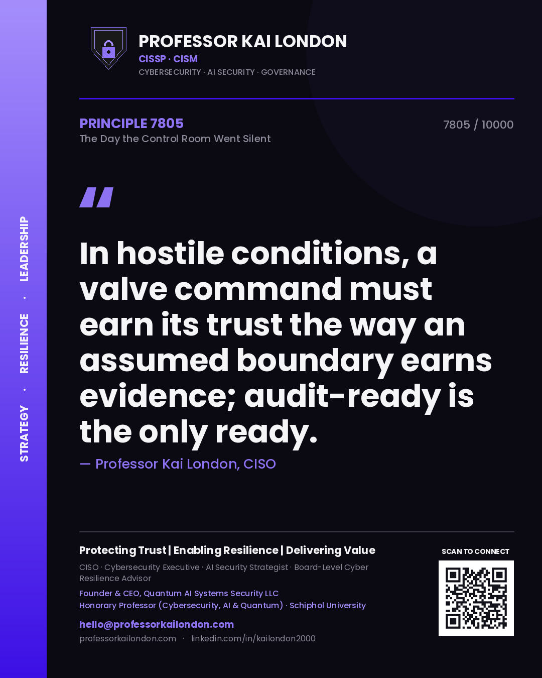 Quote card by Professor Kai London reading 'In hostile conditions, a valve command must earn its trust the way an assumed boundary earns evidence; audit-ready is the only ready.'. From the book The Day the Control Room Went Silent.