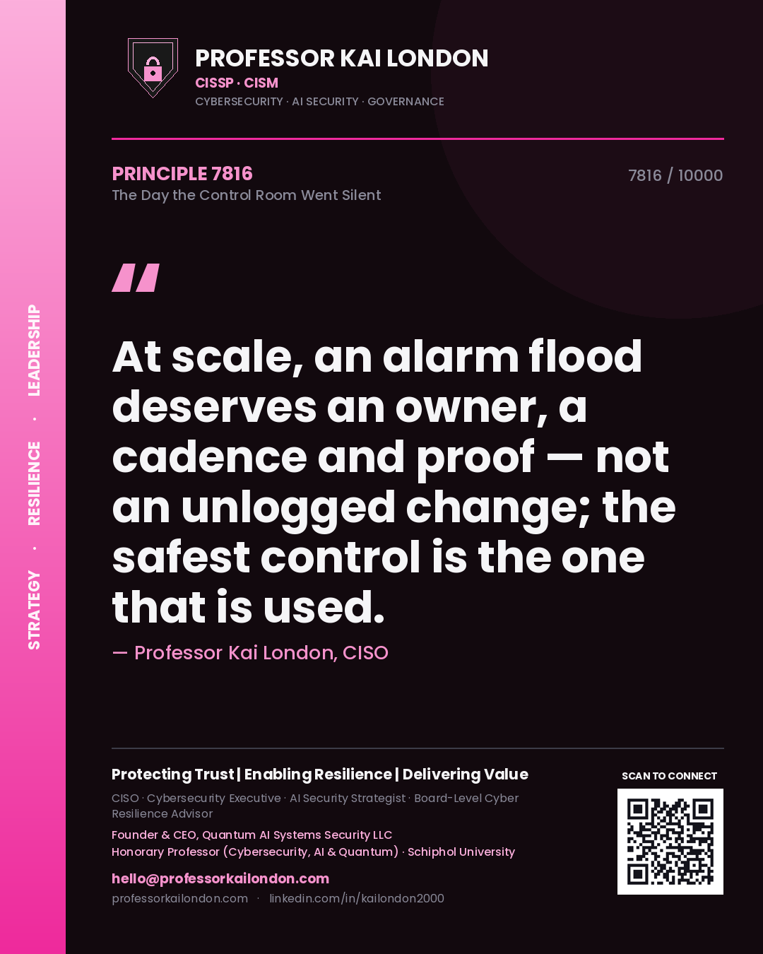 Professor Kai London principle 7816: At scale, an alarm flood deserves an owner, a cadence and proof — not an unlogged change; the safest control is the one that is used.