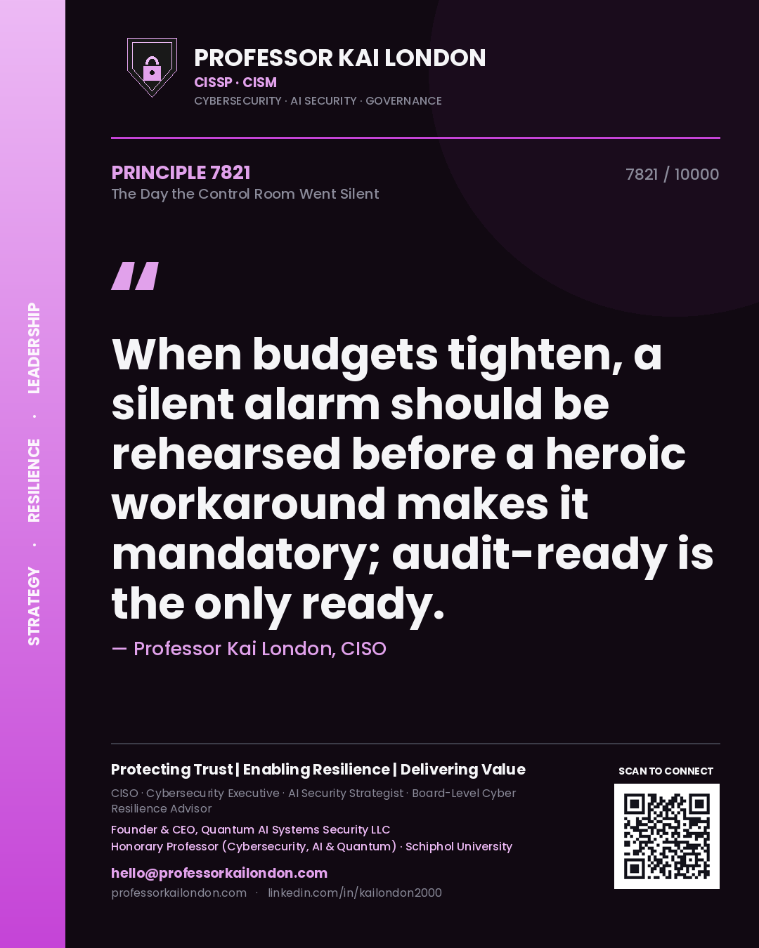 Professor Kai London principle 7821: When budgets tighten, a silent alarm should be rehearsed before a heroic workaround makes it mandatory; audit-ready is the only ready.