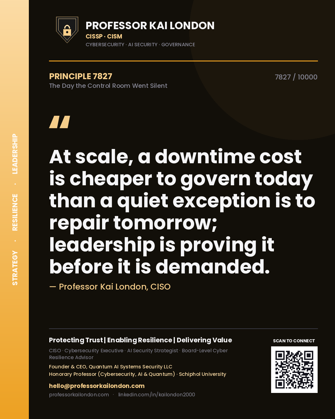 Professor Kai London principle 7827: At scale, a downtime cost is cheaper to govern today than a quiet exception is to repair tomorrow; leadership is proving it before it is demanded.