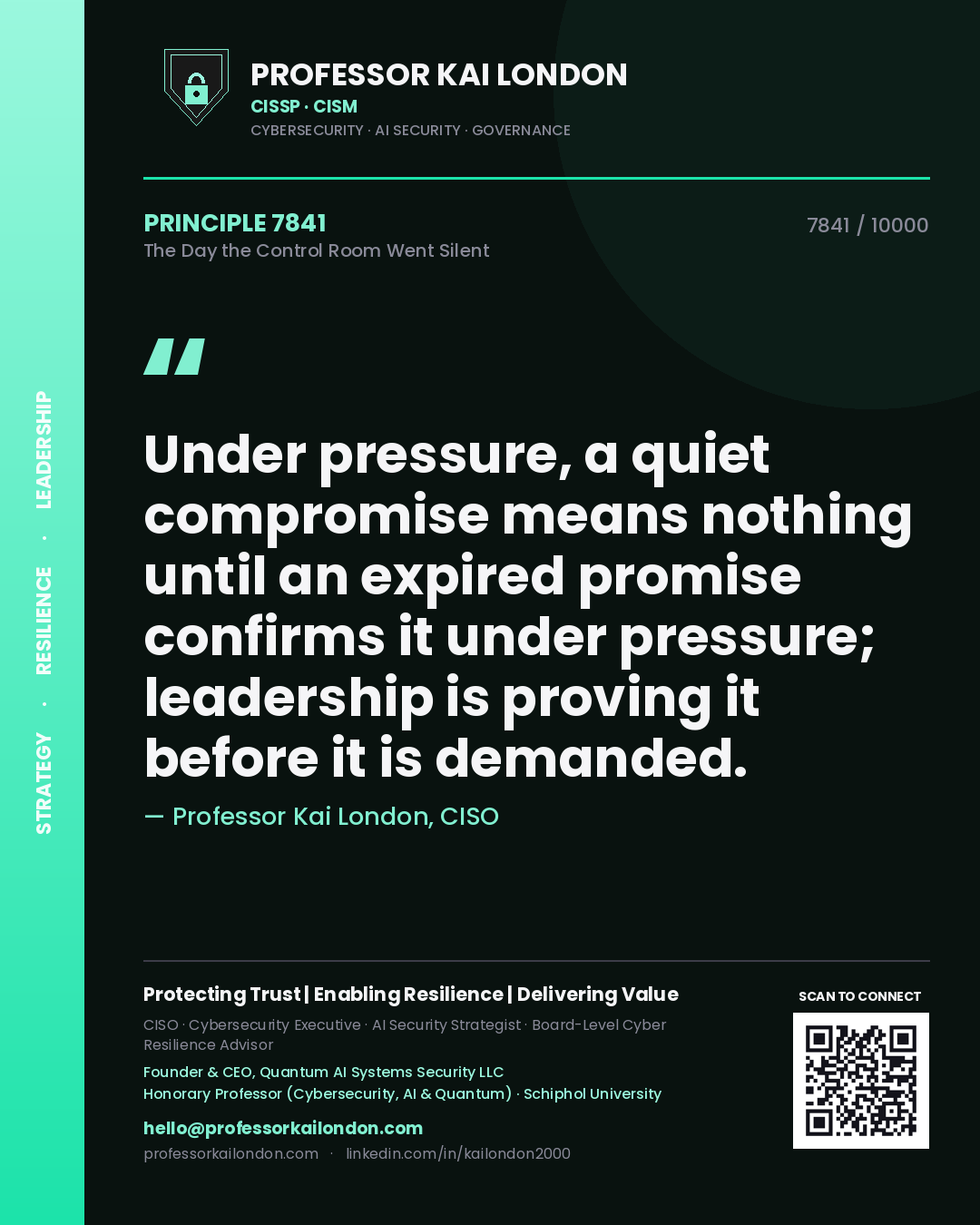Quote card by Professor Kai London reading 'Under pressure, a quiet compromise means nothing until an expired promise confirms it under pressure; leadership is proving it before it is demanded.'. From the book The Day the Control Room Went Silent.