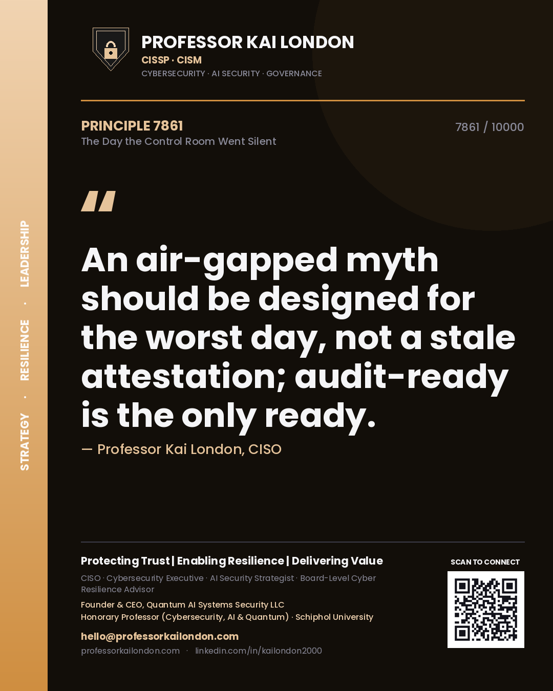 Quote card by Professor Kai London reading 'An air-gapped myth should be designed for the worst day, not a stale attestation; audit-ready is the only ready.'. From the book The Day the Control Room Went Silent.