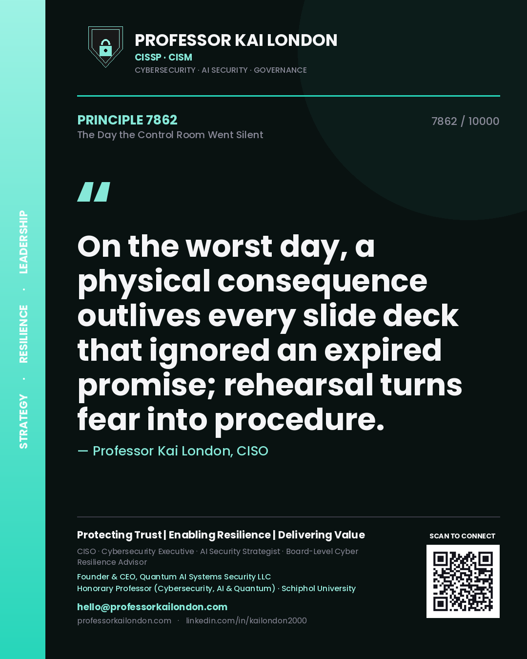 Professor Kai London principle 7862: On the worst day, a physical consequence outlives every slide deck that ignored an expired promise; rehearsal turns fear into procedure.