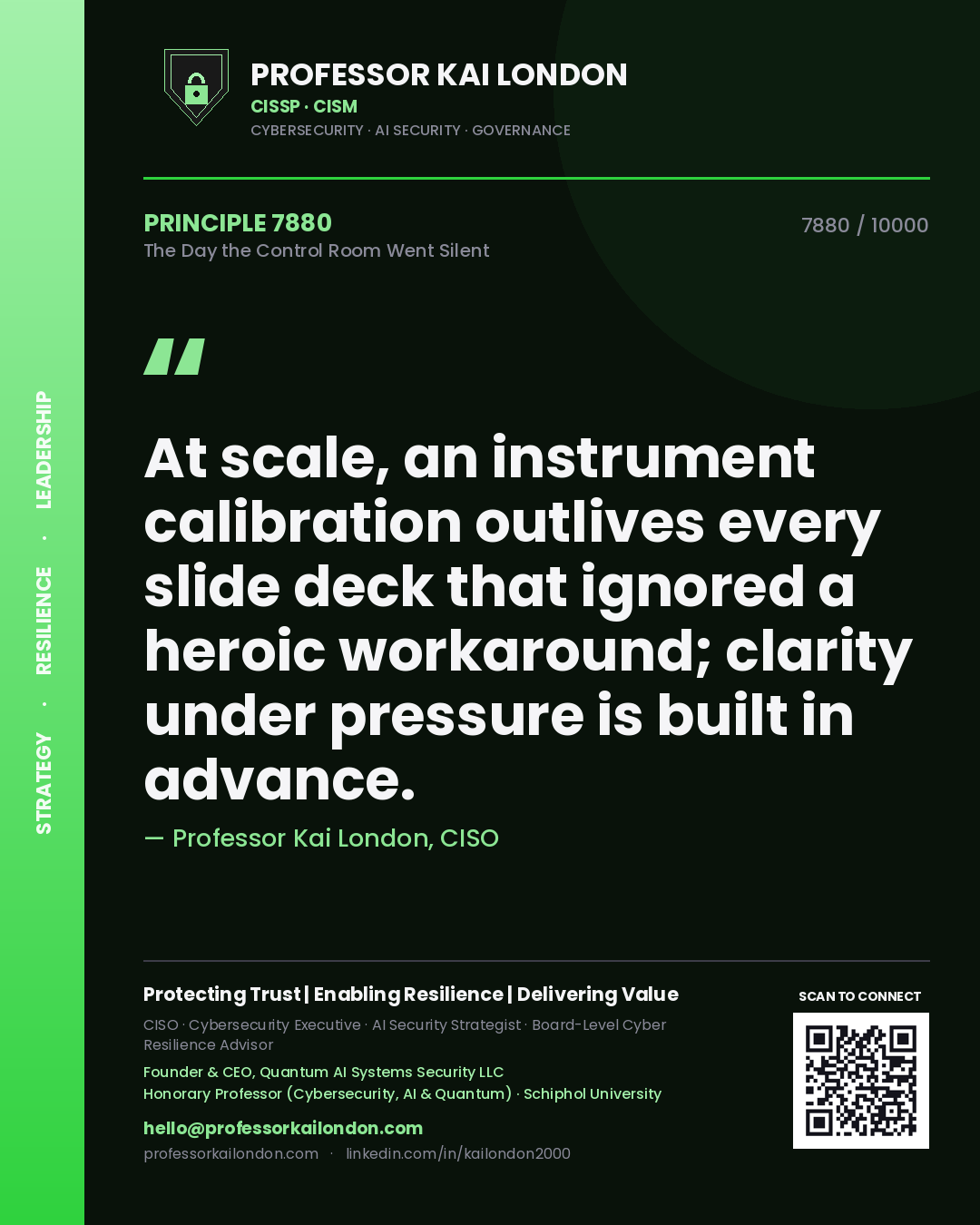 Quote card by Professor Kai London reading 'At scale, an instrument calibration outlives every slide deck that ignored a heroic workaround; clarity under pressure is built in advance.'. From the book The Day the Control Room Went Silent.