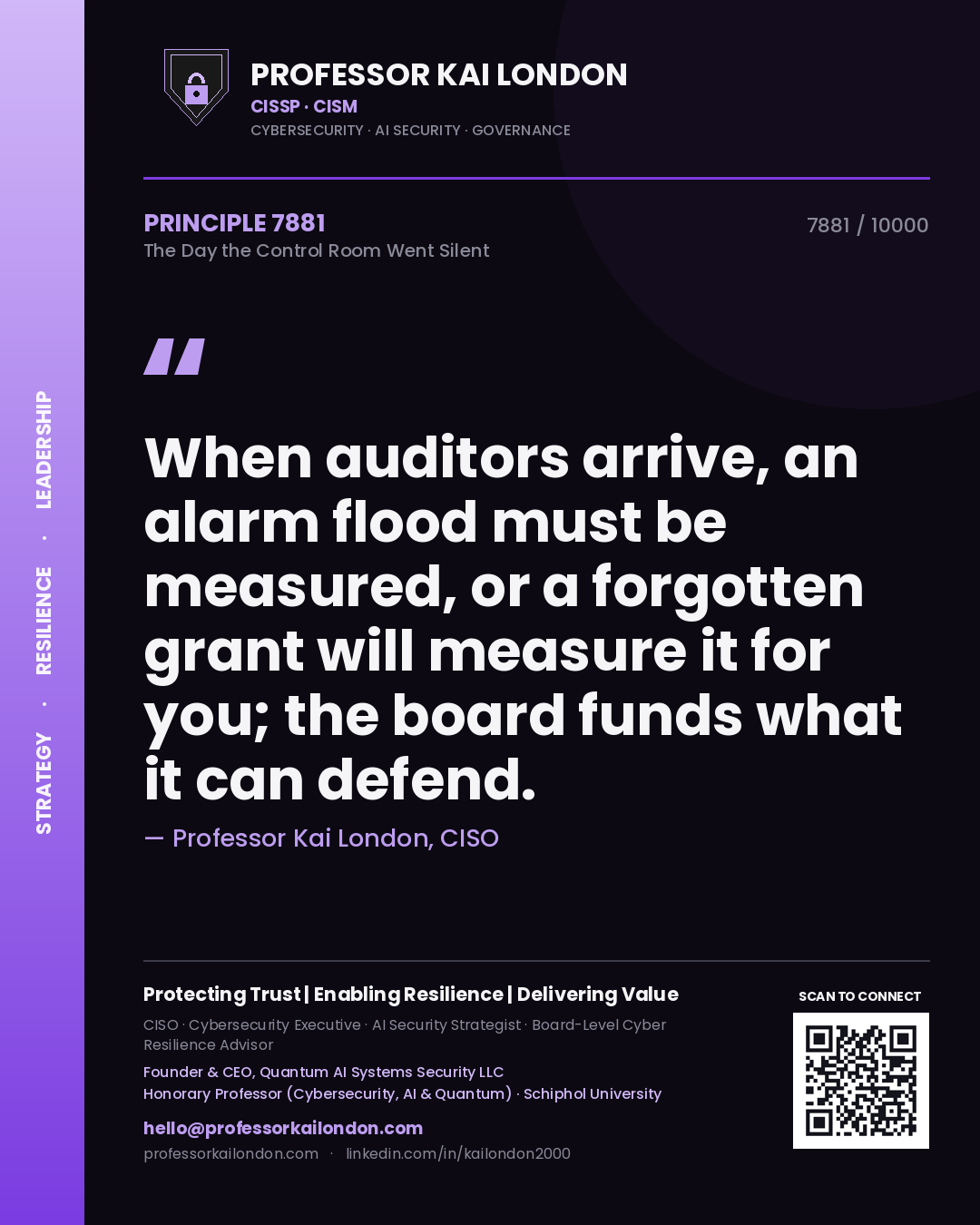 Professor Kai London principle 7881: When auditors arrive, an alarm flood must be measured, or a forgotten grant will measure it for you; the board funds what it can defend.