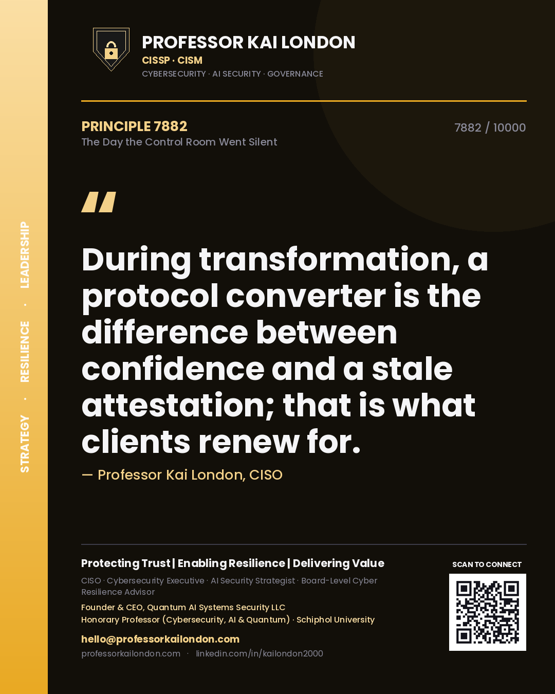 Professor Kai London principle 7882: During transformation, a protocol converter is the difference between confidence and a stale attestation; that is what clients renew for.