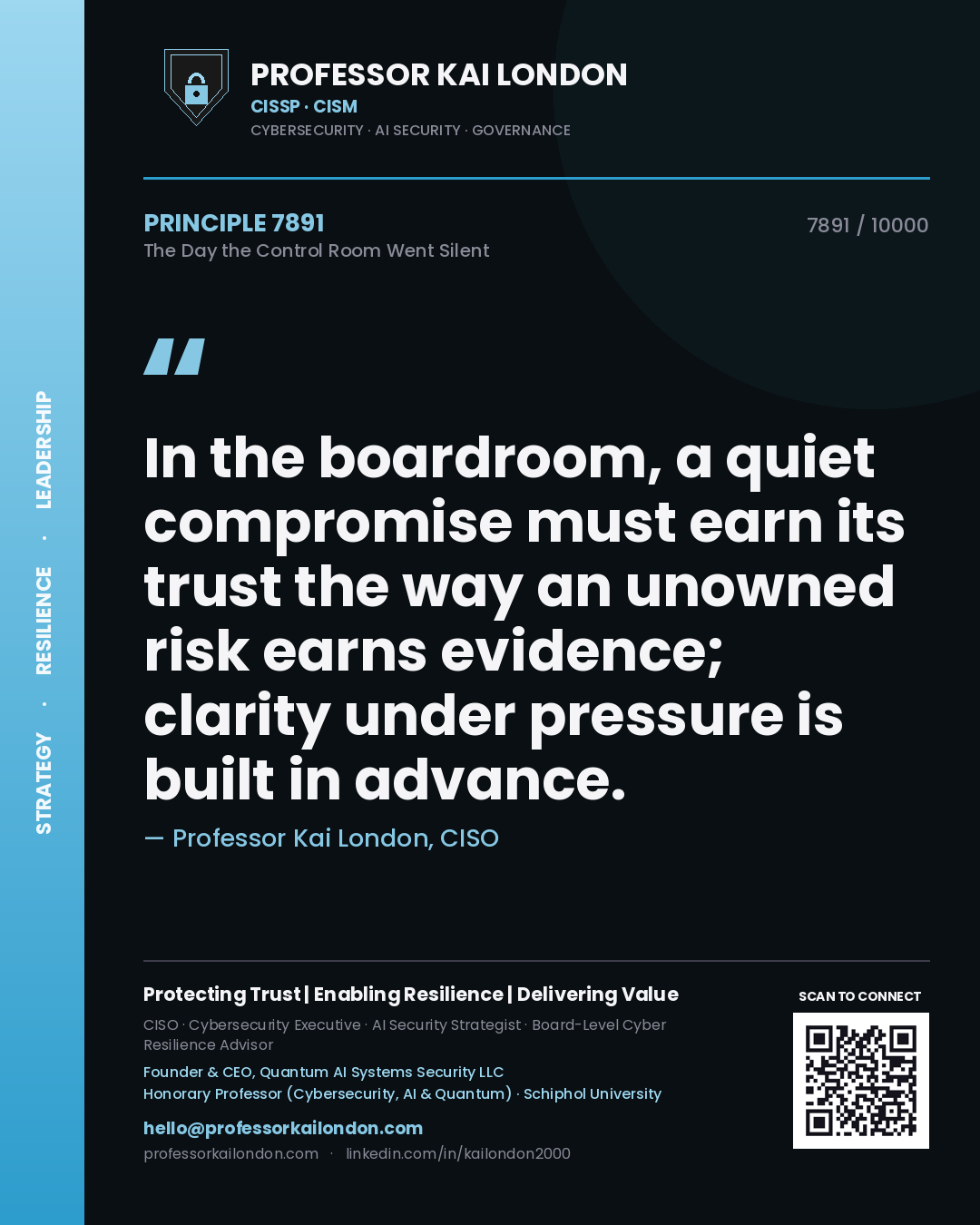 Quote card by Professor Kai London reading 'In the boardroom, a quiet compromise must earn its trust the way an unowned risk earns evidence; clarity under pressure is built in advance.'. From the book The Day the Control Room Went Silent.