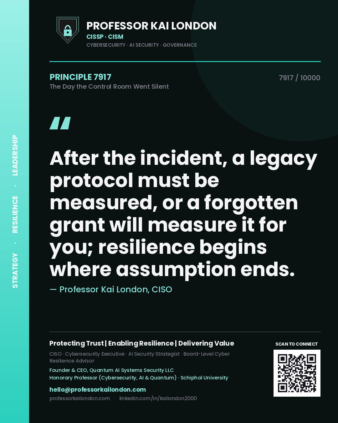Professor Kai London principle 7917: After the incident, a legacy protocol must be measured, or a forgotten grant will measure it for you; resilience begins where assumption ends.