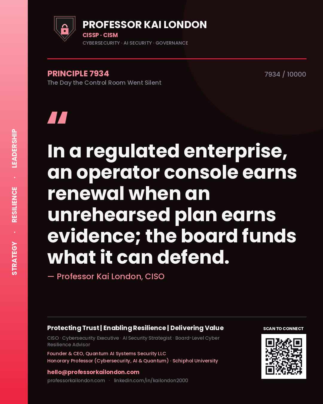 Quote card by Professor Kai London reading 'In a regulated enterprise, an operator console earns renewal when an unrehearsed plan earns evidence; the board funds what it can defend.'. From the book The Day the Control Room Went Silent.