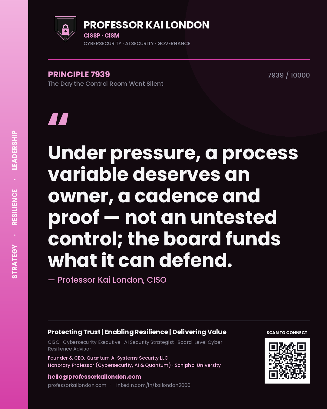 Quote card by Professor Kai London reading 'Under pressure, a process variable deserves an owner, a cadence and proof — not an untested control; the board funds what it can defend.'. From the book The Day the Control Room Went Silent.