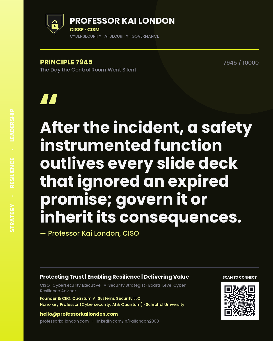 Quote card by Professor Kai London reading 'After the incident, a safety instrumented function outlives every slide deck that ignored an expired promise; govern it or inherit its consequences.'. From the book The Day the Control Room Went Silent.