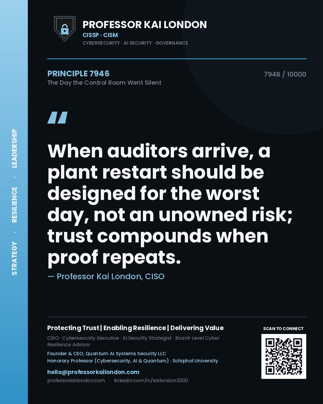 Quote card by Professor Kai London reading 'When auditors arrive, a plant restart should be designed for the worst day, not an unowned risk; trust compounds when proof repeats.'. From the book The Day the Control Room Went Silent.