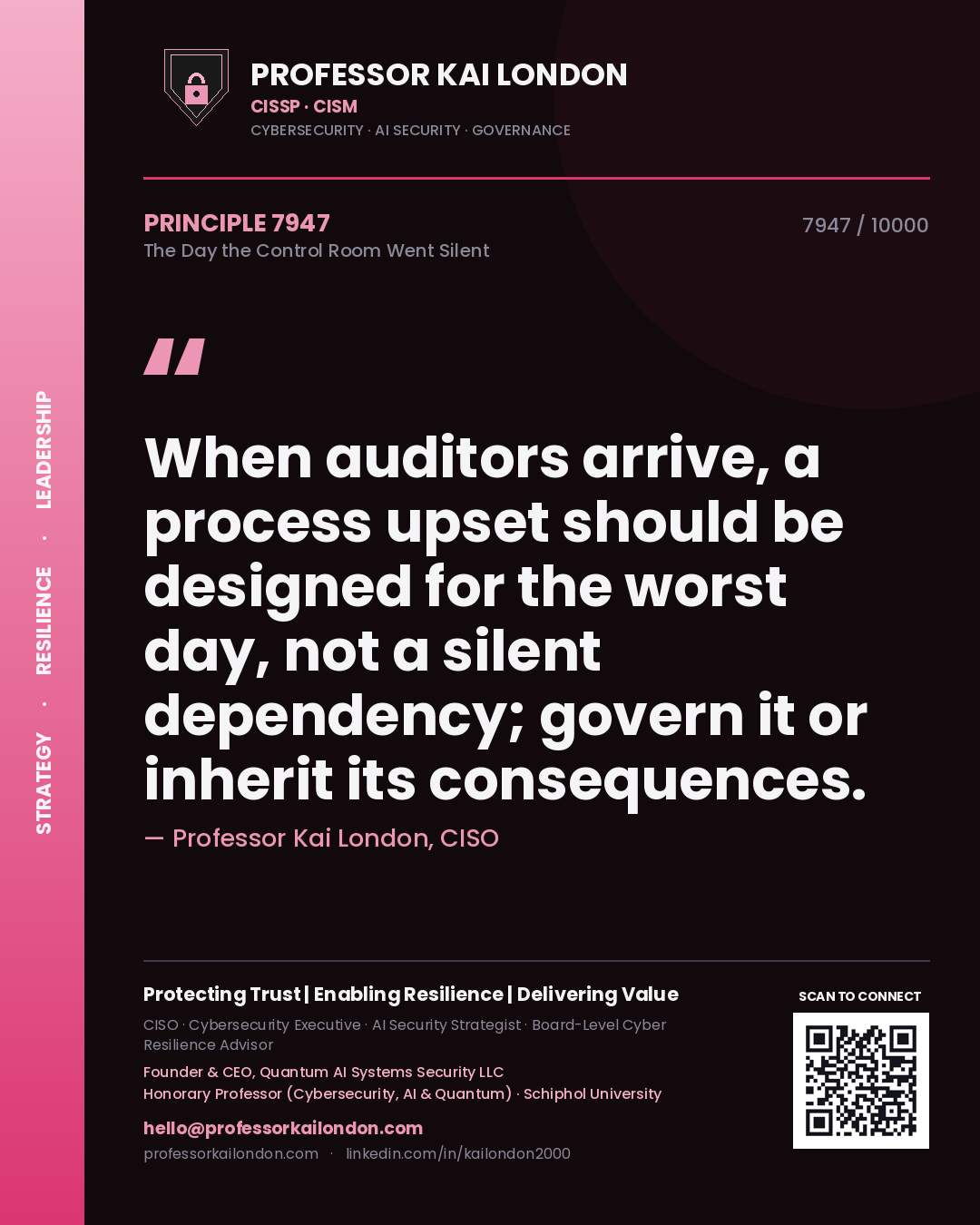 Quote card by Professor Kai London reading 'When auditors arrive, a process upset should be designed for the worst day, not a silent dependency; govern it or inherit its consequences.'. From the book The Day the Control Room Went Silent.