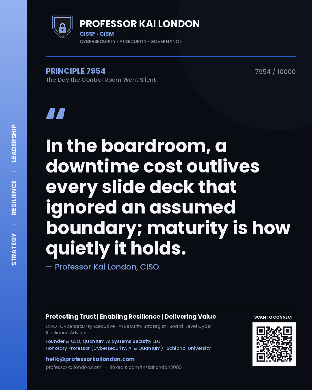 Quote card by Professor Kai London reading 'In the boardroom, a downtime cost outlives every slide deck that ignored an assumed boundary; maturity is how quietly it holds.'. From the book The Day the Control Room Went Silent.