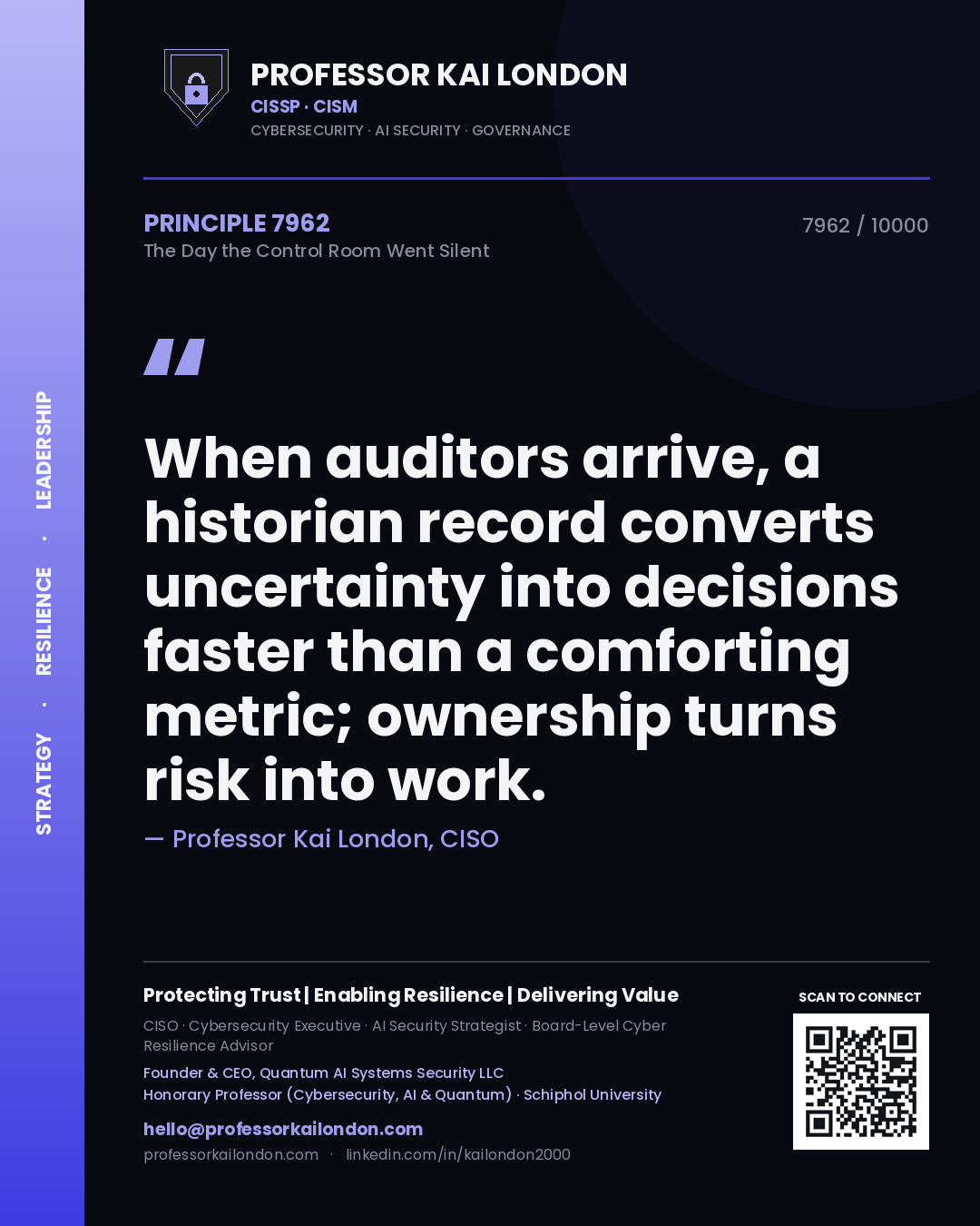 Quote card by Professor Kai London reading 'When auditors arrive, a historian record converts uncertainty into decisions faster than a comforting metric; ownership turns risk into work.'. From the book The Day the Control Room Went Silent.