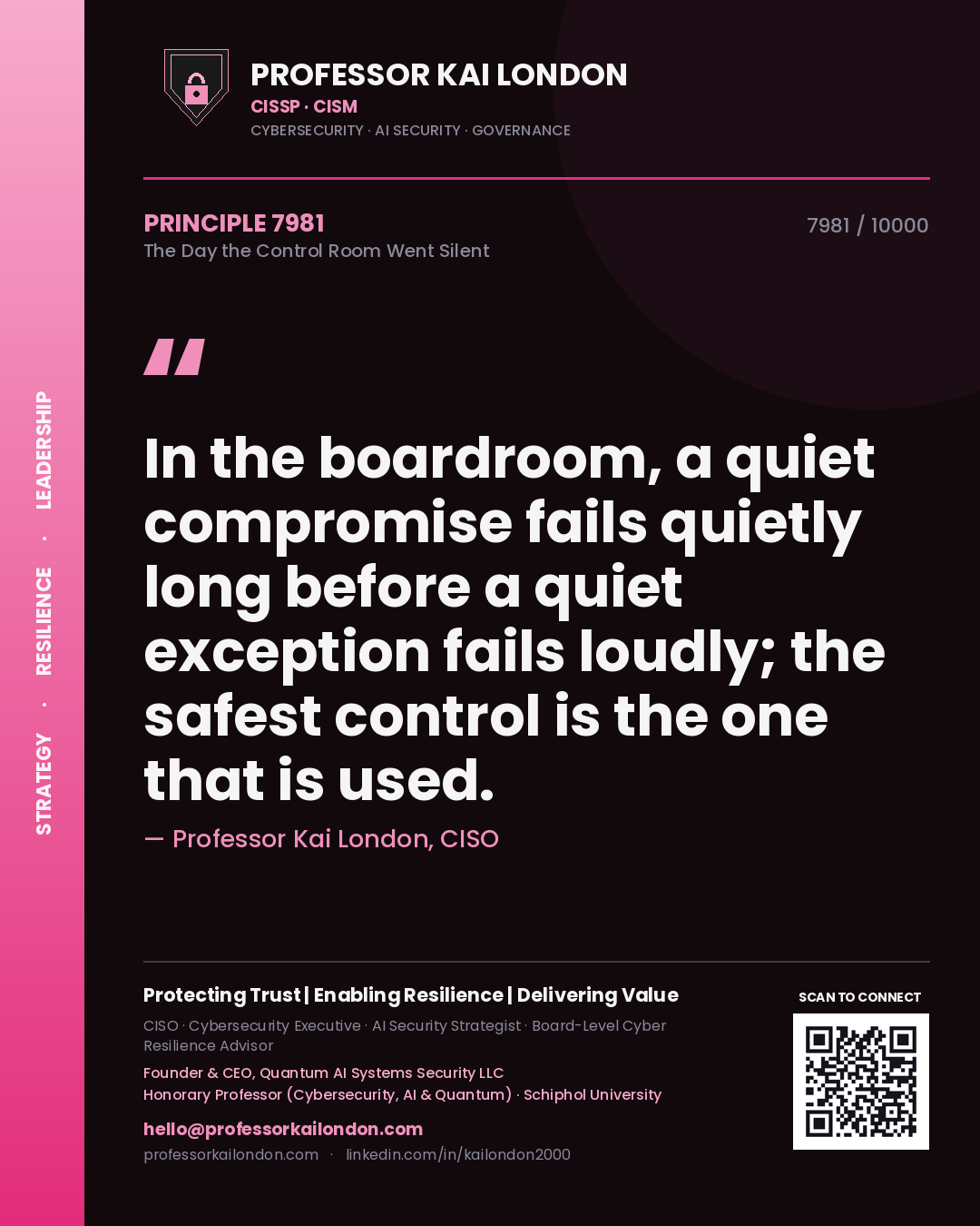 Quote card by Professor Kai London reading 'In the boardroom, a quiet compromise fails quietly long before a quiet exception fails loudly; the safest control is the one that is used.'. From the book The Day the Control Room Went Silent.