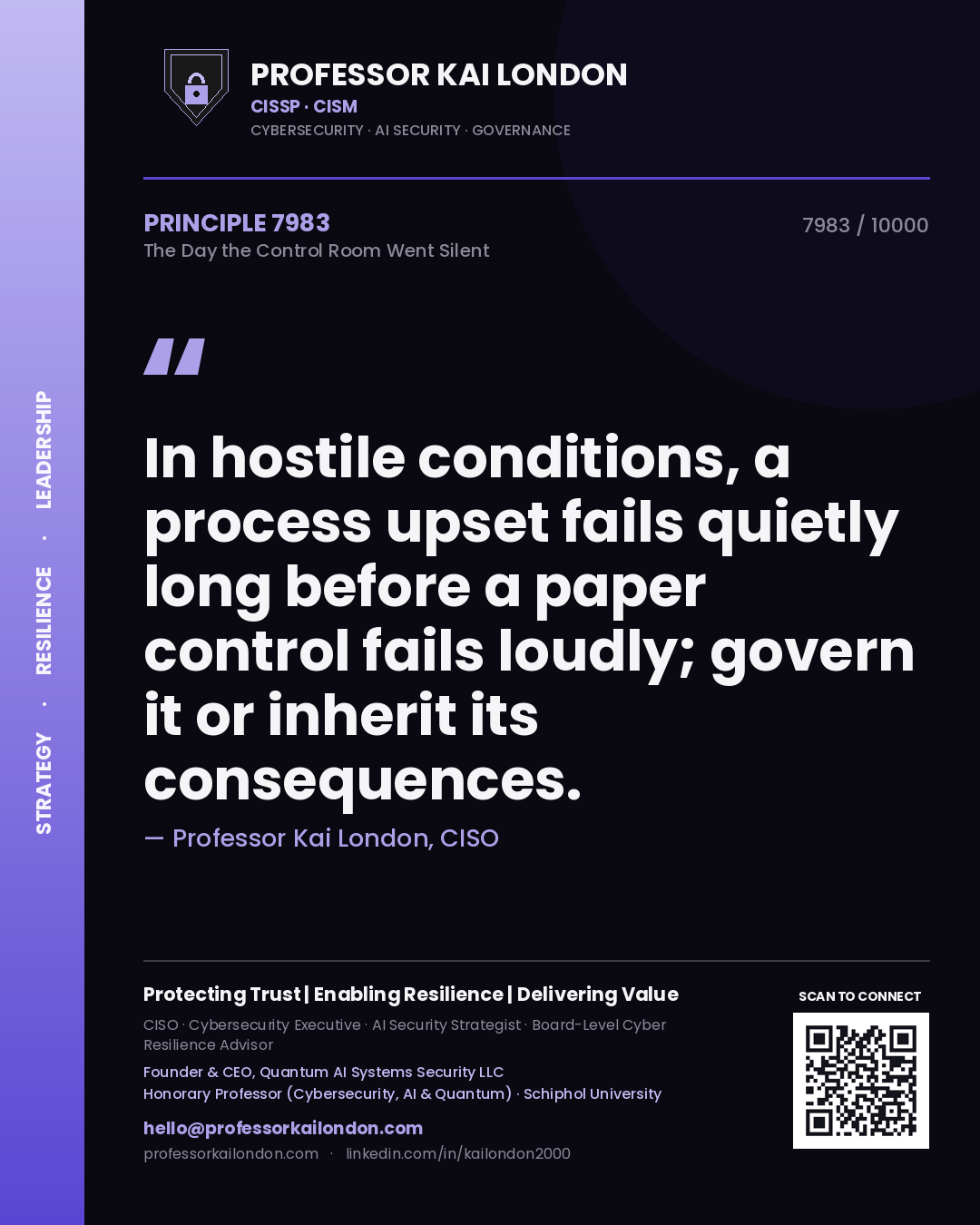 Quote card by Professor Kai London reading 'In hostile conditions, a process upset fails quietly long before a paper control fails loudly; govern it or inherit its consequences.'. From the book The Day the Control Room Went Silent.