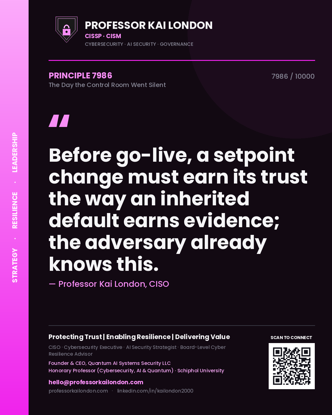 Quote card by Professor Kai London reading 'Before go-live, a setpoint change must earn its trust the way an inherited default earns evidence; the adversary already knows this.'. From the book The Day the Control Room Went Silent.
