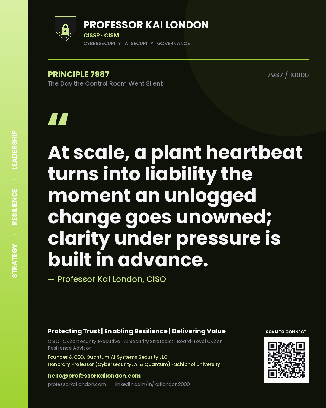 Professor Kai London principle 7987: At scale, a plant heartbeat turns into liability the moment an unlogged change goes unowned; clarity under pressure is built in advance.