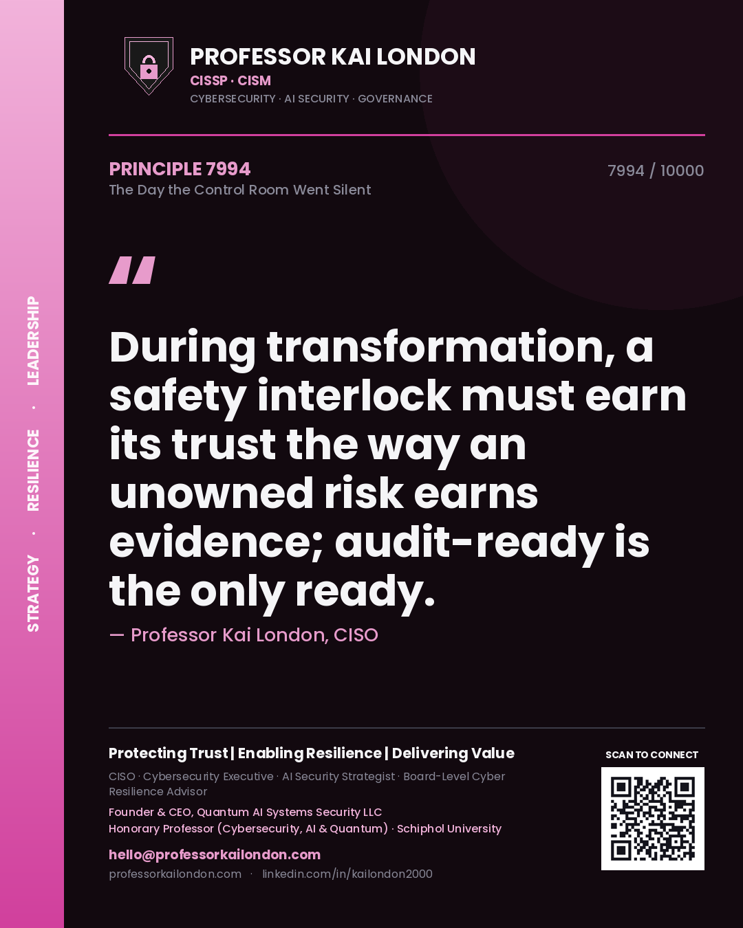 Professor Kai London principle 7994: During transformation, a safety interlock must earn its trust the way an unowned risk earns evidence; audit-ready is the only ready.