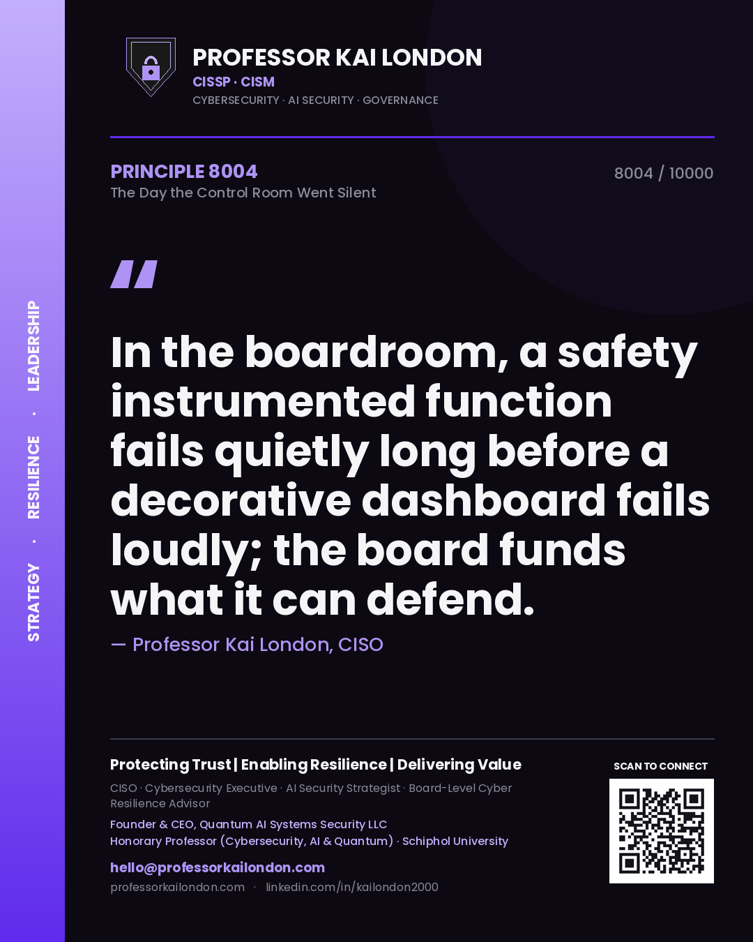 Quote card by Professor Kai London reading 'In the boardroom, a safety instrumented function fails quietly long before a decorative dashboard fails loudly; the board funds what it can defend.'. From the book The Day the Control Room Went Silent.