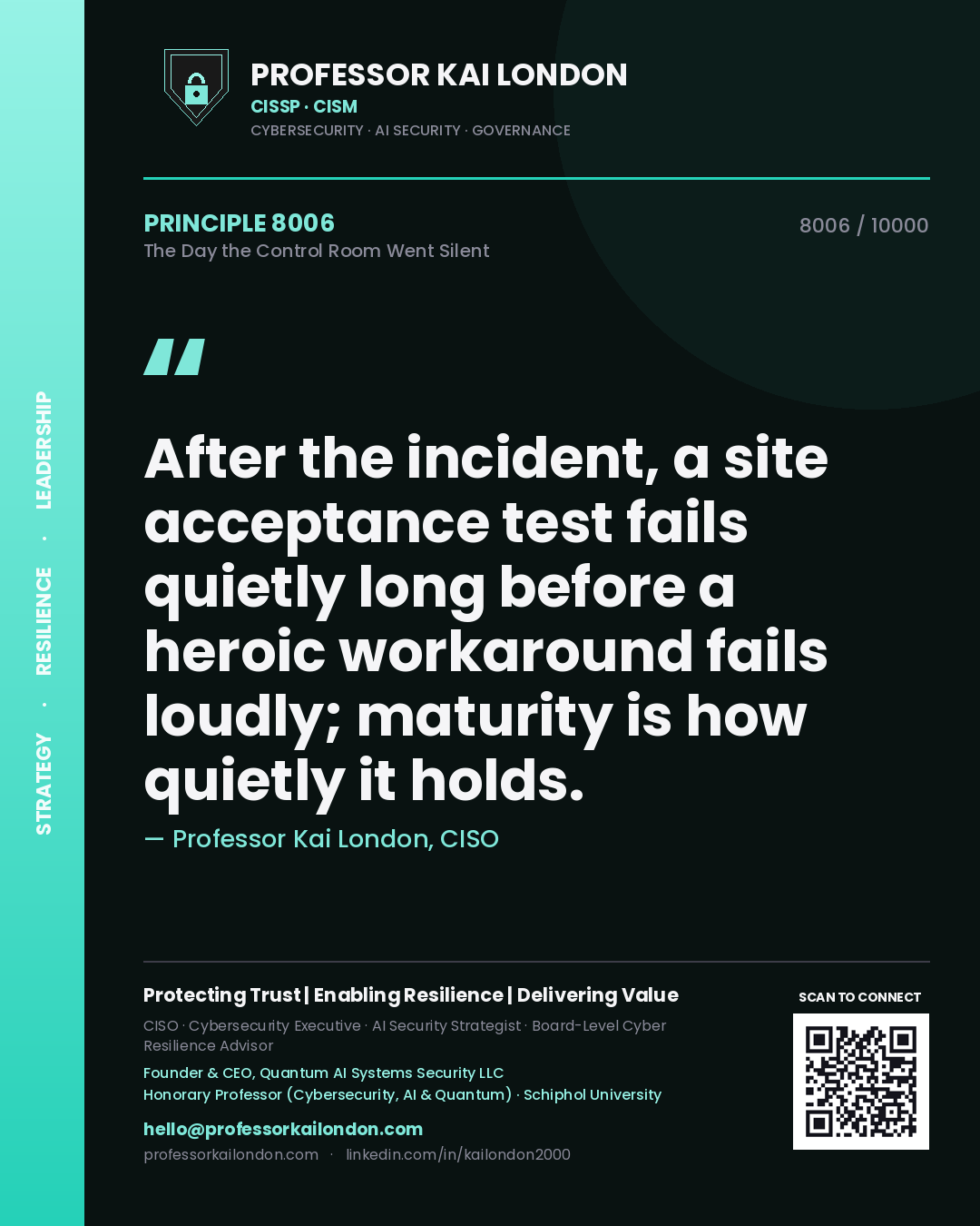 Quote card by Professor Kai London reading 'After the incident, a site acceptance test fails quietly long before a heroic workaround fails loudly; maturity is how quietly it holds.'. From the book The Day the Control Room Went Silent.