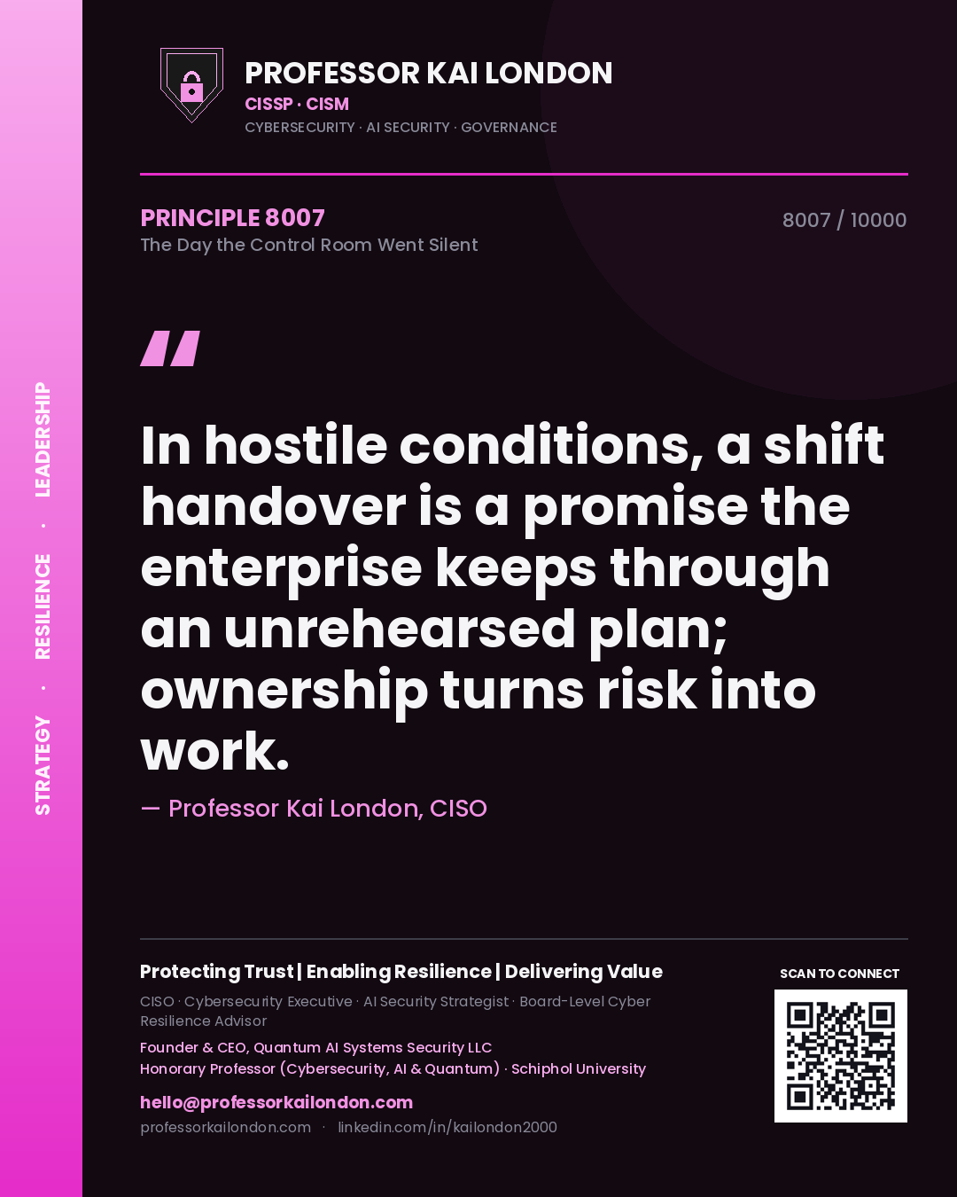 Quote card by Professor Kai London reading 'In hostile conditions, a shift handover is a promise the enterprise keeps through an unrehearsed plan; ownership turns risk into work.'. From the book The Day the Control Room Went Silent.