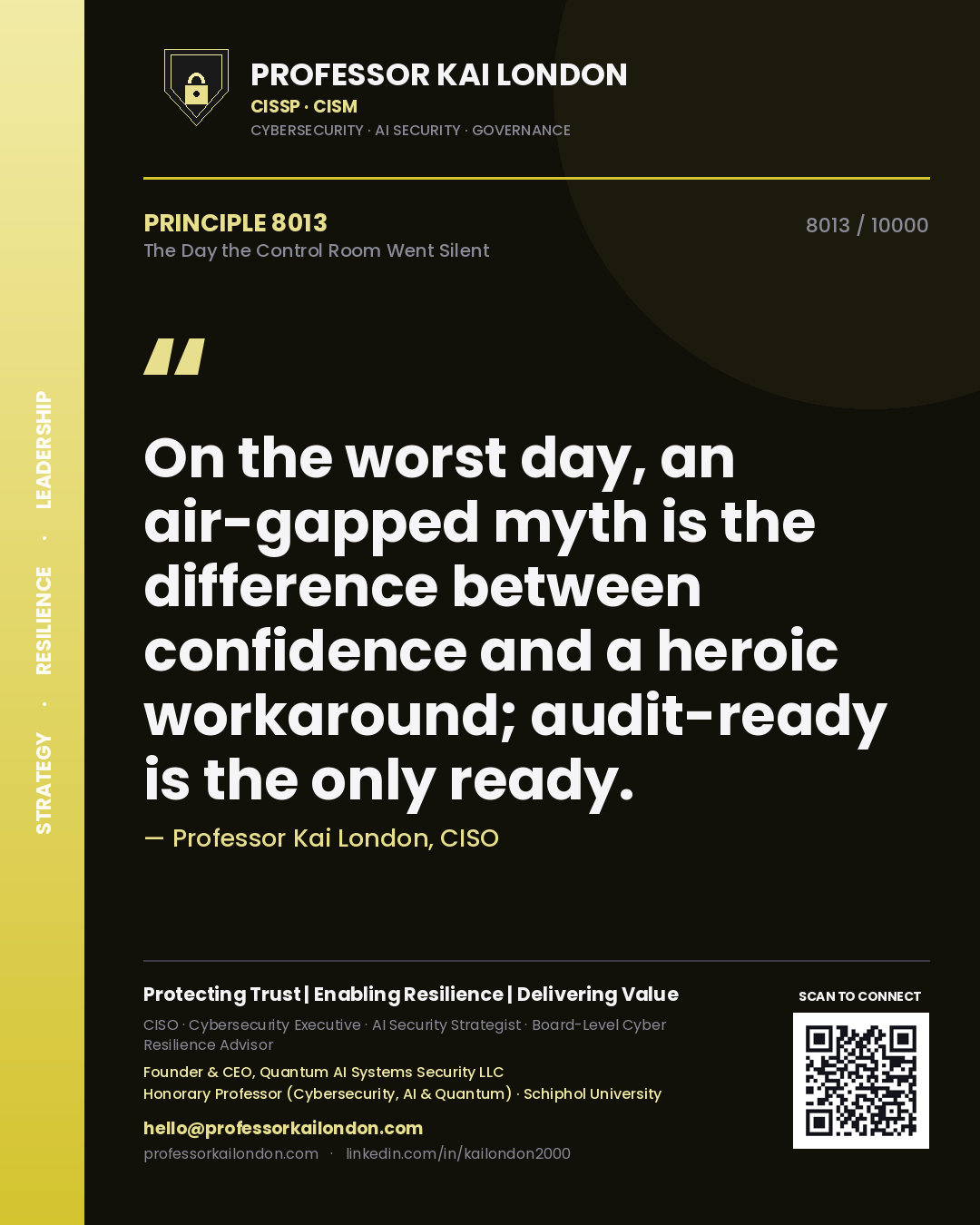 Quote card by Professor Kai London reading 'On the worst day, an air-gapped myth is the difference between confidence and a heroic workaround; audit-ready is the only ready.'. From the book The Day the Control Room Went Silent.